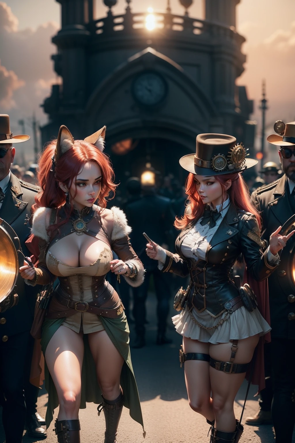 parade, steampunk, army marching, crowd, sunset,red fox, female, 40yo, extremally bent pose, long furry tail, stunningly beautiful, looking at camera, soft curves, large buttocks, full lips, perfect body, round brests, shibari, 3d, ultra realistic, sun, realistic, epic, hd, pov, steampunk outfit, mechanical parts, view from above