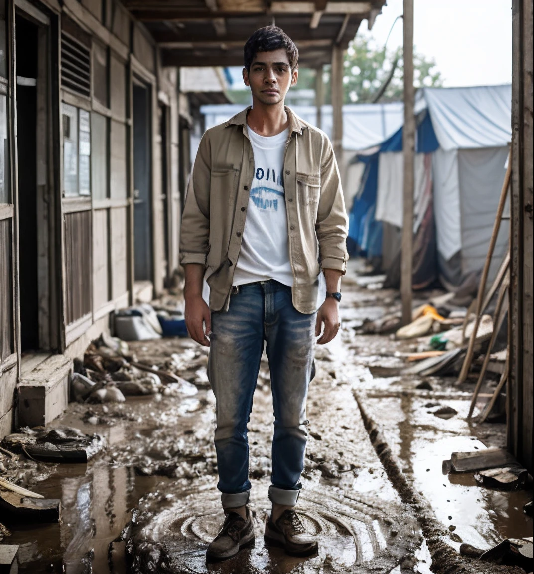 Realistic photo, skinny man, very realistic face, details, full body, short hair, poor, skinny, slum, full body, standing, looking at the camera, grimy white shirt, torn, in the mud, in the sewer, well-defined image, dirty clay shirt, slum, outskirts, refugee camp, wooden house, canvas house, construction rest house, hunger, unemployed, v4 --auto --s2