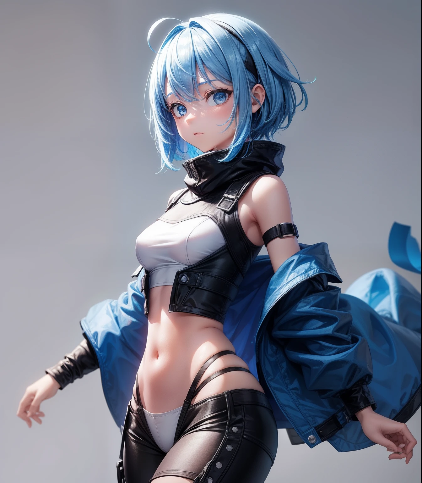 pngtuber girl, waist up figure, neutral expression, simple background, full figure, looking at the viewer from afar, front facing, simple one color background, colorful, blue hair