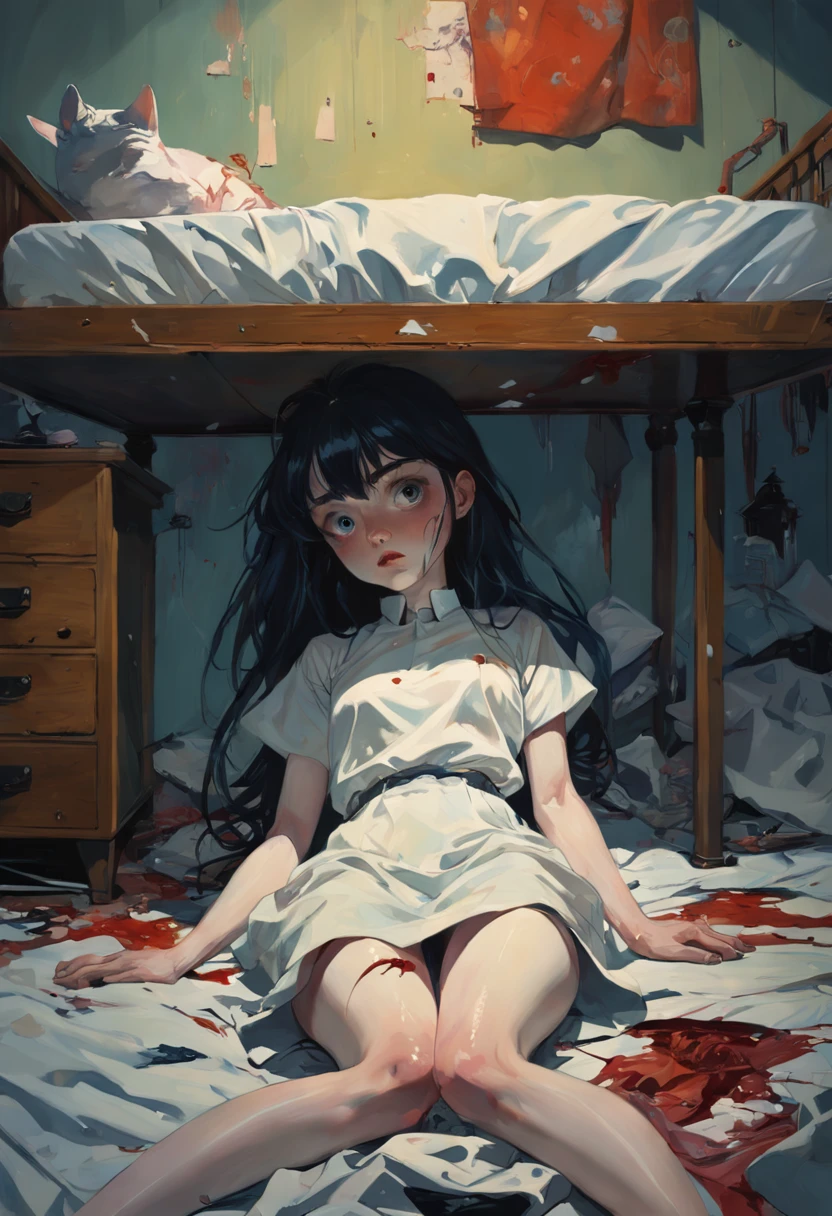 Under the bed. In the style of Adrian Ghenie, Esao Andrews, Jenny Saville, Edward Hopper, surrealism, Dark Art par James Jean. Tim Burton. Esthetic 90s anime.