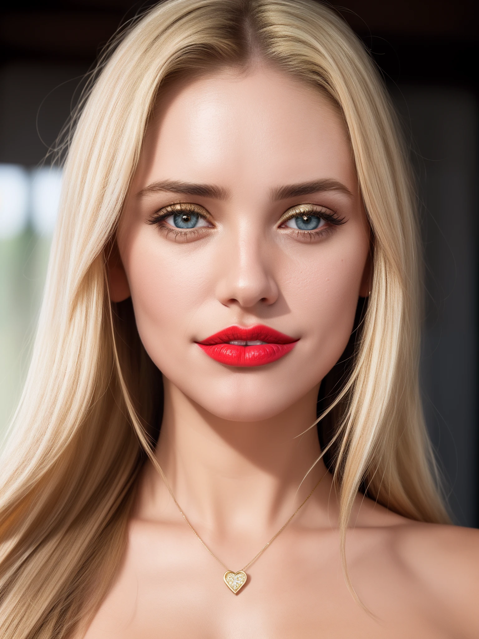 (1girl), (close-up:1.4), extreme res, (best quality:1.4), amazing masterpiece, photorealistic, realistic face, perfect beauty, (: Cameron Diaz face:1.05), medium messy hair, (thick hair), (ears hidden by hair), (:golden blonde hair:1.3), (:large blue eyes:1.2), eye reflections, focused pupils, symmetry eyes, (makeup), open forehead, thin thick eyebrows, long curved eyelashes, Slavic facial features, blush, elegant pendant, full lips, seductive lips, (bright red lips), (lipstick), ajar mouth, white teeth, gradient colors