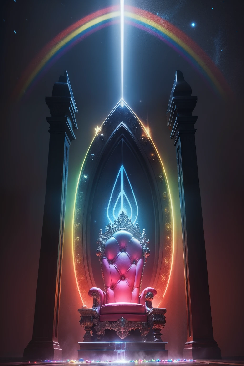 A glowing throne surrounded by a brightly colored rainbow
