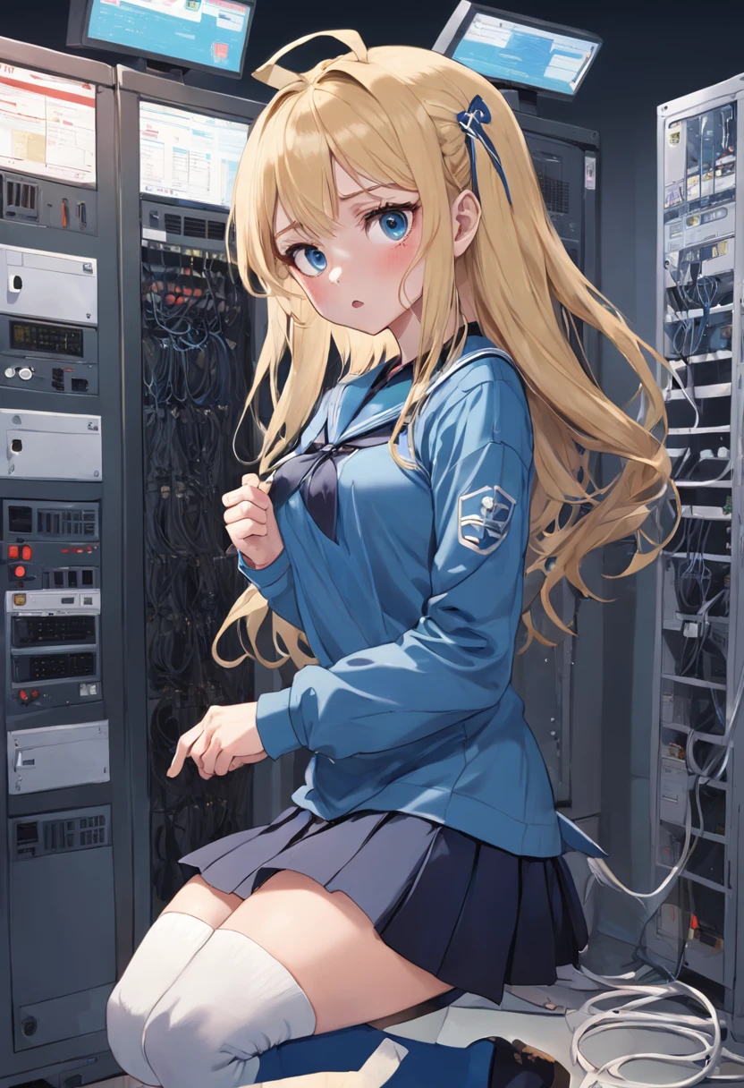 (1girl:1.3), (blonde long hair:1.2), (wavy hair:1.1), (blue eyes:1.0), (medium breasts:1.1), (long-sleeved sailor uniform:1.2), (skirt:1.1) , (side ribbon hair accessory:1.1), (troubled and panicked expression:1.3), (server room:1.3), (knee-high socks:1.0), (computer monitors:1.0), (network cables:1.1), ( server racks:1.2), (intricate details:1.0), (emergency lights:1.1), (alert signs:1.0), (spilled coffee cup:1.0), (open laptop:1.1), (confused pose:1.2) Adrian Ghenie, Esao Andrews, Jenny Saville, Edward Hopper, surrealism, Dark Art par James Jean. Tim Burton. Esthetic 90s anime.