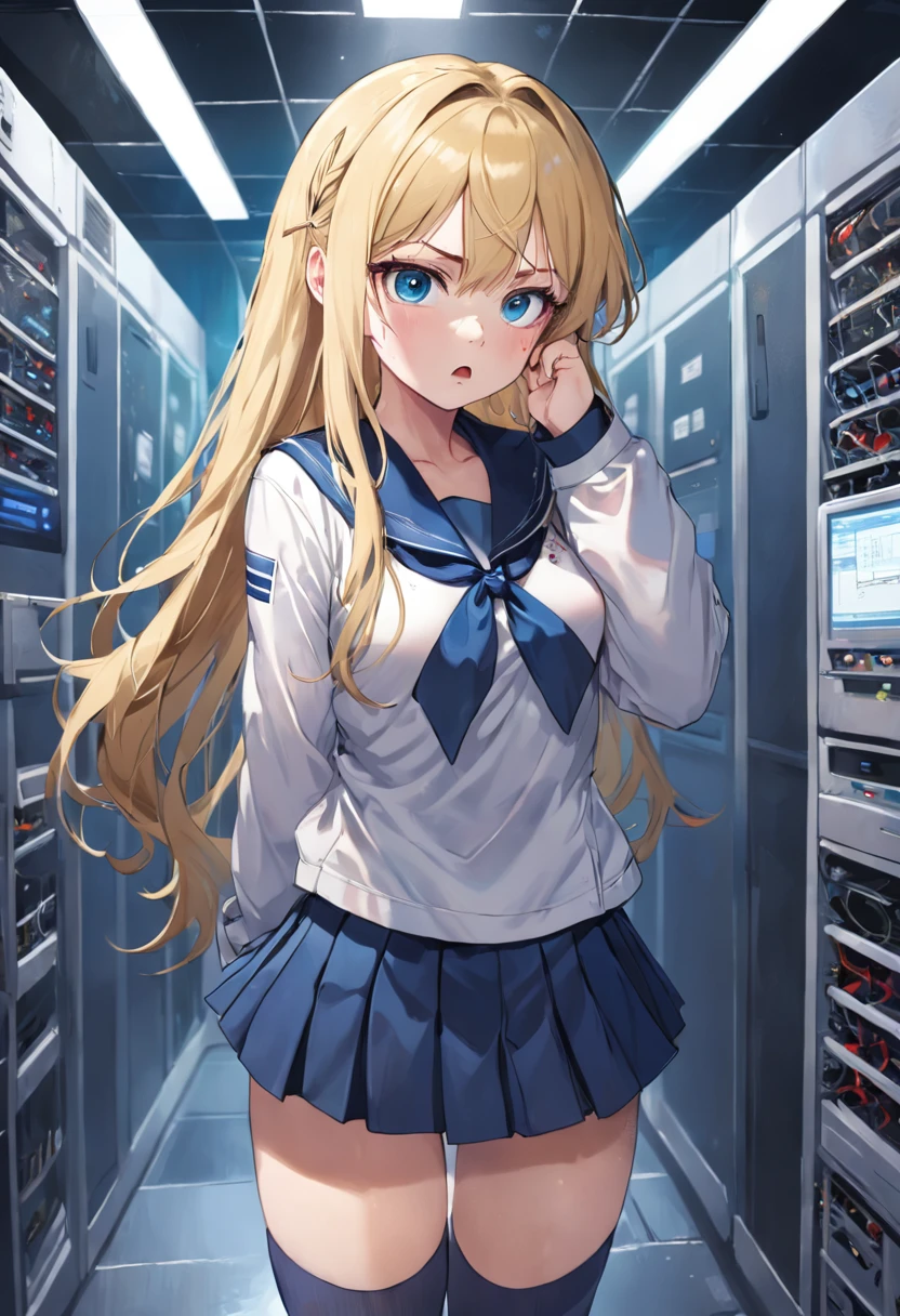(1girl:1.3), (blonde long hair:1.2), (wavy hair:1.1), (blue eyes:1.0), (medium breasts:1.1), (long-sleeved sailor uniform:1.2), (skirt:1.1) , (side ribbon hair accessory:1.1), (troubled and panicked expression:1.3), (server room:1.3), (knee-high socks:1.0), (computer monitors:1.0), (network cables:1.1), ( server racks:1.2), (intricate details:1.0), (emergency lights:1.1), (alert signs:1.0), (spilled coffee cup:1.0), (open laptop:1.1), (confused pose:1.2) Adrian Ghenie, Esao Andrews, Jenny Saville, Edward Hopper, surrealism, Dark Art par James Jean. Tim Burton. Esthetic 90s anime.