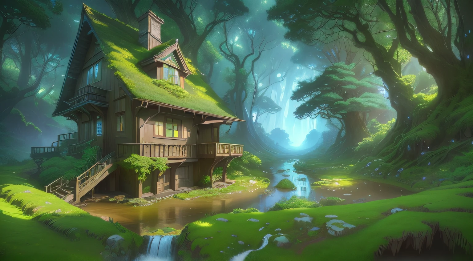anime - style house in a forest with a stream running through it, anime scenery concept art, fantasy matte painting,cute, stylized concept art, detailed 4k concept art, anime countryside landscape, painted as a game concept art, colorful concept art, made of tree and fantasy valley, magical fantasy 2 d concept art, beautiful concept art, inspired by senior environment artist