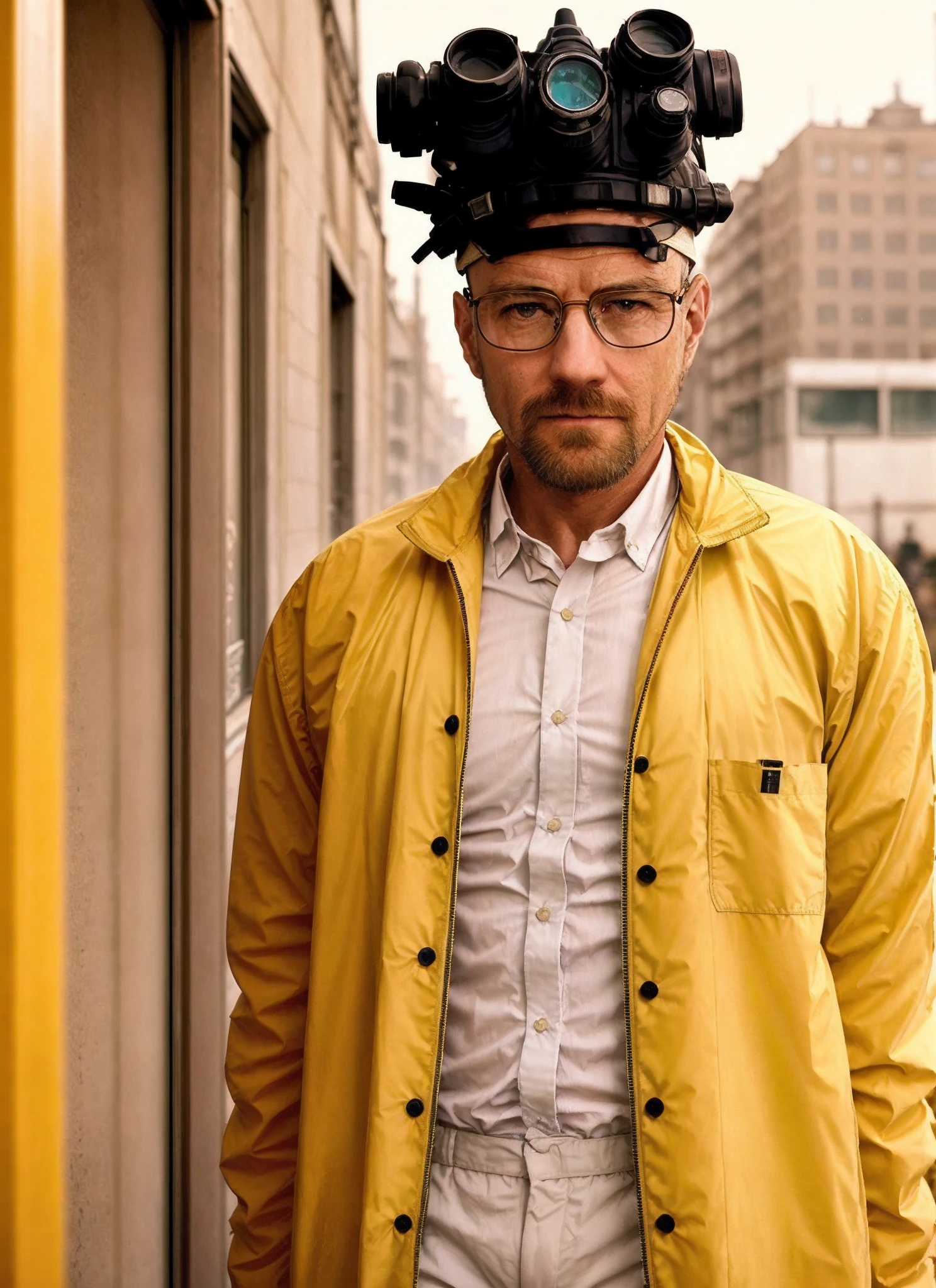 A stunning and complex color photo of the upper body of a man wearing glasses (wearing a yellow lab coat and a gas mask on his head), careca, Epic character composition, por ilya kuvshinov, alessio albi, nina masic, foco nítido, natural lightting, Subsurface dispersion, f2, 35mm, grain of film, cyberpunk