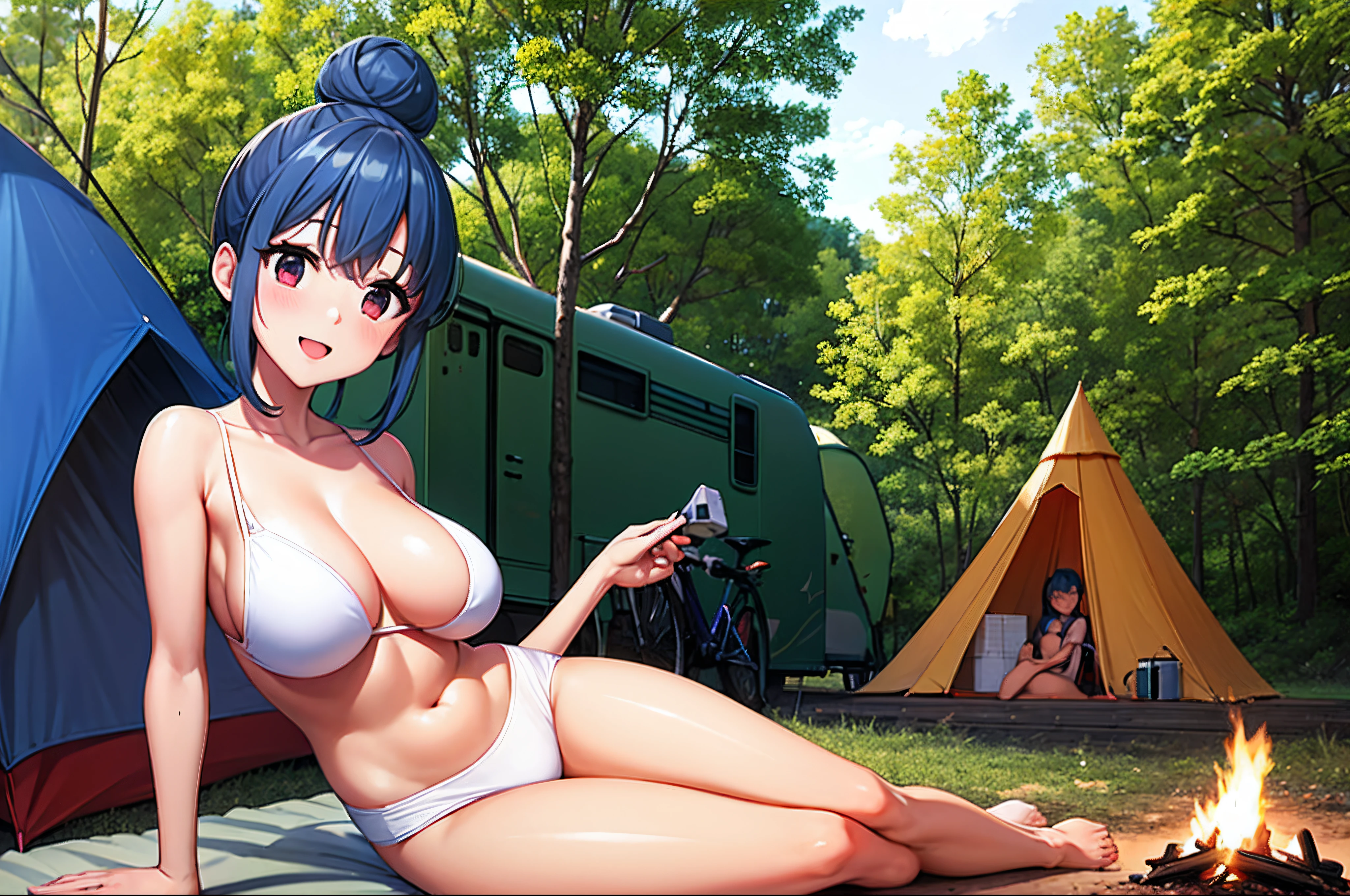 shima rin, 1girl, blue hair, hair bun, sitting, camping, outdoors, woods, campfire,, anirl, best quality, ultra high res, big boobs, big ass, matured, sexy