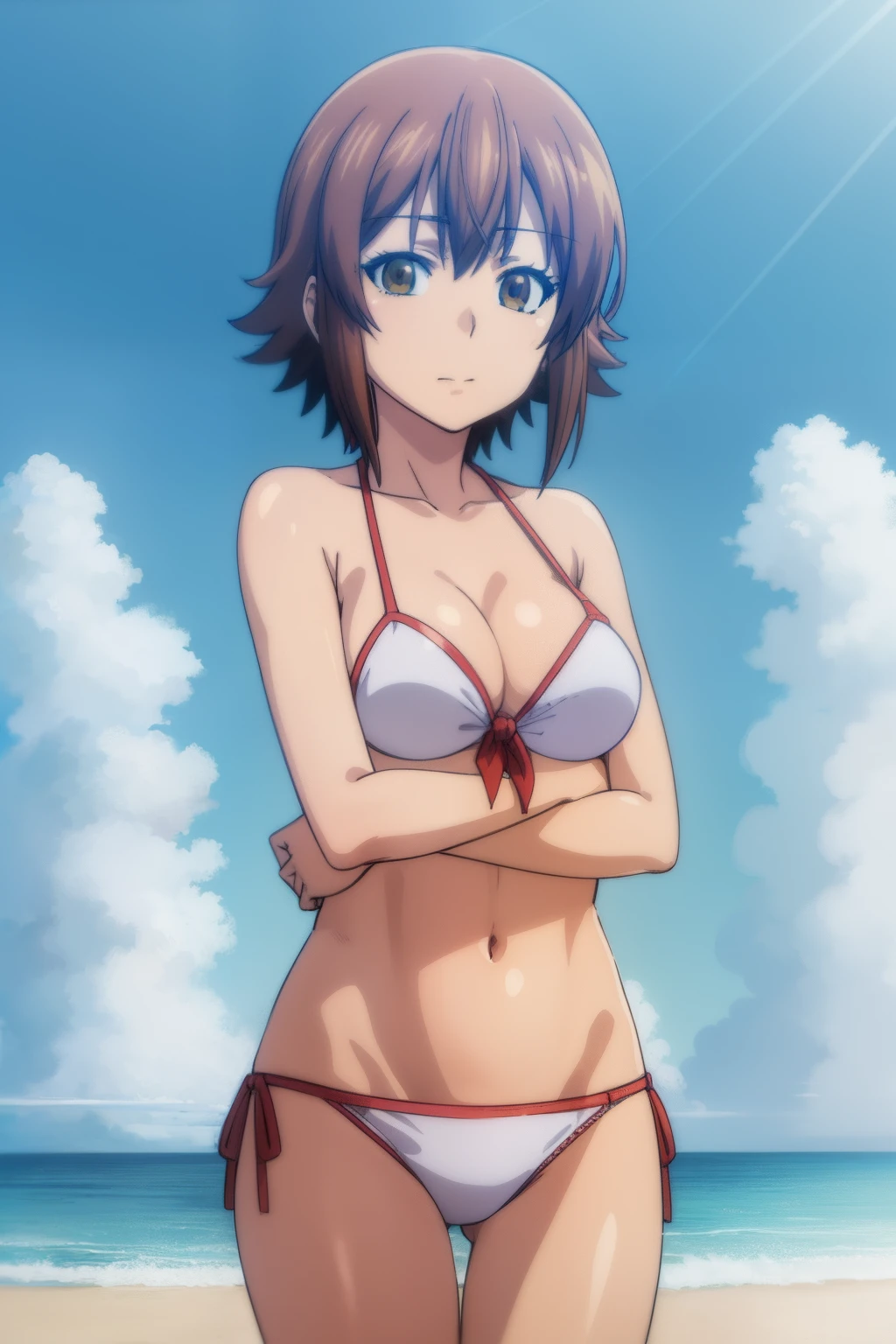 best quality, (masterpiece:1.2), highly detailed, standing, ocean, beach, sun rays,
1girl, solo, kotegawa chisa,
looking at viewer, slight smile, closed mouth, big breasts, upper body,
brown eyes, brown hair, short hair, front-tie bikini top, white bikini , panties , nice ass