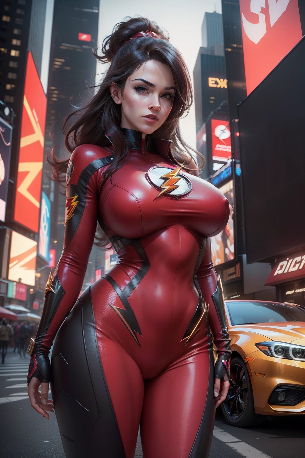 New York, Time Square, ((Flash Woman)), ???????????, Medium ????, ((Ultra Realistic)), Icons, Vibrant Red and Burgundy Colors, Vector Style, Digital Artwork, 4k, Intricate Details, Mesmerizing, Professionally Made , beautiful vector illustration, 12k resolution, ....3d, all detailed characters, ((highly detailed)), ((vibrant)),((Ultra high quality)), ((hyperrealism)), ( (photorealism)), [ Octane Rendering], in the city, many cars (realistic)