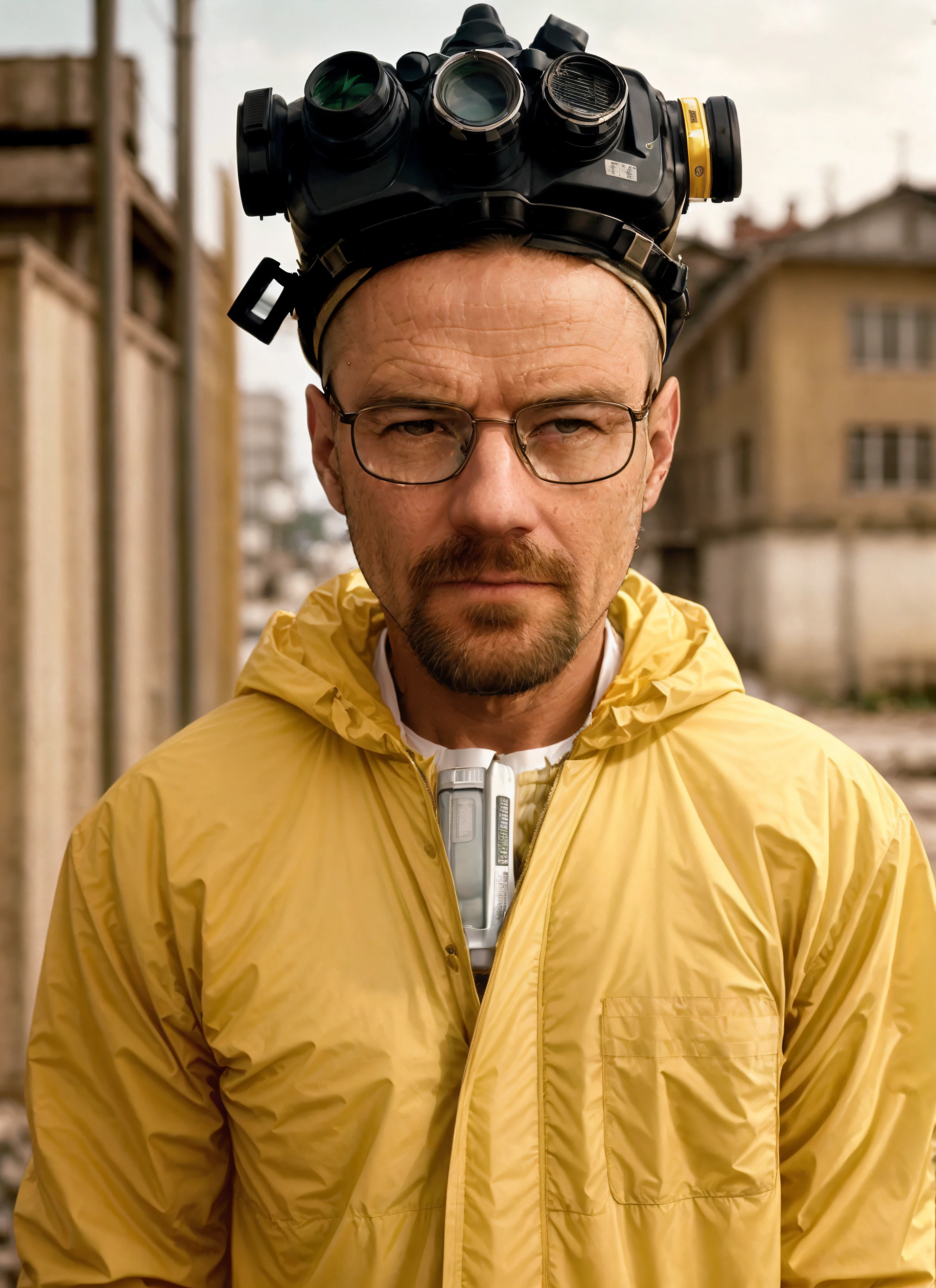 A stunning and complex color photo of the upper body of a man wearing glasses (wearing a yellow lab coat and a gas mask on his head), careca, Epic character composition, por ilya kuvshinov, alessio albi, nina masic, foco nítido, natural  lightting, Subsurface dispersion, f2, 35mm, grain of film, cyberpunk
