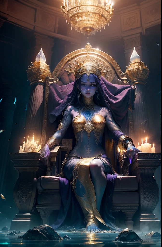 an incredibly stunning photograph of a throne room, soft lighting, underwater horror, stranger things, ancient godess of see, purple eyes, (( skin: extremally tattoed, gold ink, ancient marks, fish scales))