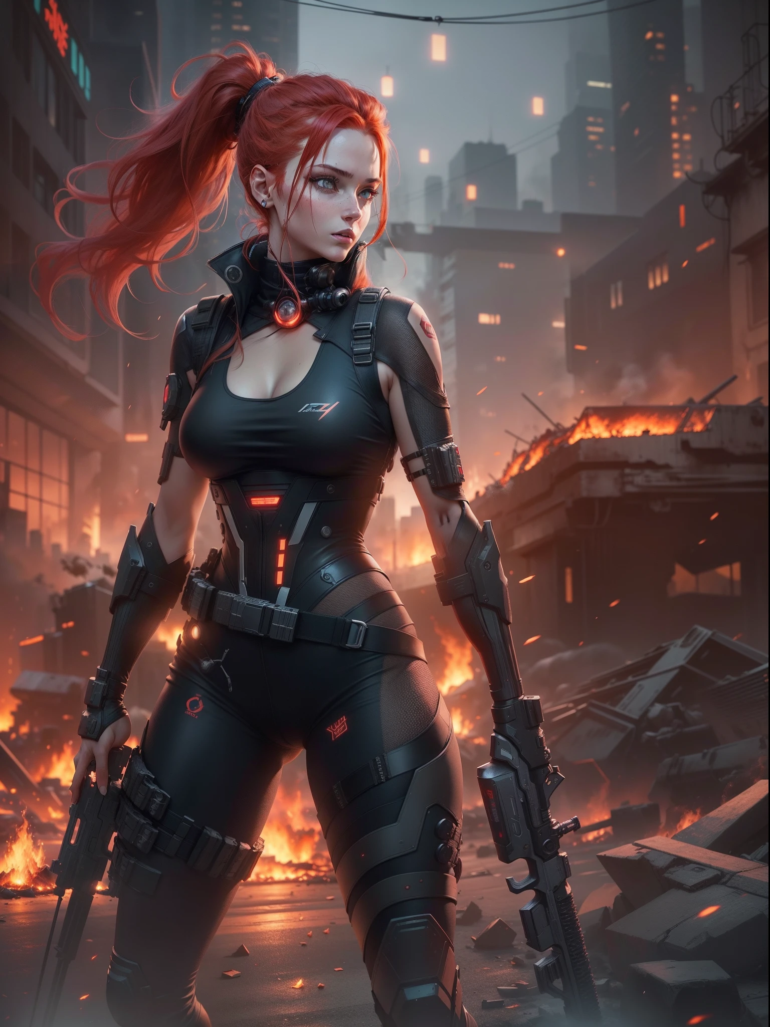 a 1girl, 20years old, хмурая, (The appearance of cyberpunk: Red hair gathered in a ponytail, Tactical eyepieces, There are luminous elements on the clothes, Cyber implants, Diode world, Combat black jumpsuit made of kivlar, In the hands of two sharp laser swords), against the backdrop of destruction and corpses of enemies, city   of the future, ultradetail, hyper realisitc, proportionally, Composition in the center, full length, The figure is completely in the frame, Behind the fire and smoke