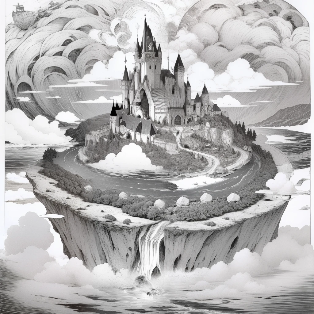 A magical medieval island flying in the middle of the sky, embaixo dessa ilha de nuvens,Island flowing in the middle of the sky with nothing around,Island in the middle of the sky, encima da ilha tem um reino inteiro,um reino medieval, Black ink is white,fine line stroke, manga panel