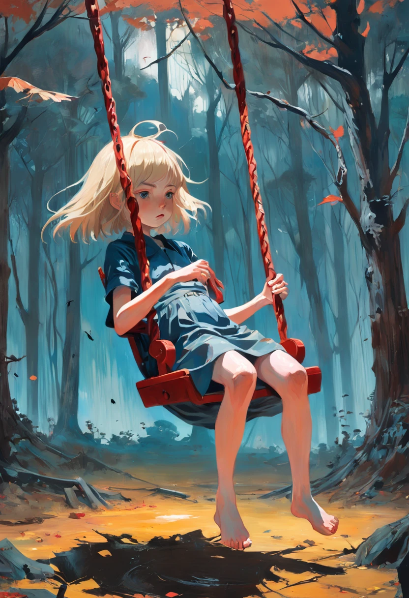Girl on a swing. Dans un parc d'enfants. Adrian Ghenie, Esao Andrews, Jenny Saville, Edward Hopper, surrealism, Dark Art par James Jean. Tim Burton. Esthetic 90s anime.