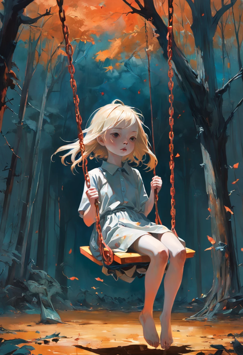 Girl on a swing. Dans un parc d'enfants. Adrian Ghenie, Esao Andrews, Jenny Saville, Edward Hopper, surrealism, Dark Art par James Jean. Tim Burton. Esthetic 90s anime.