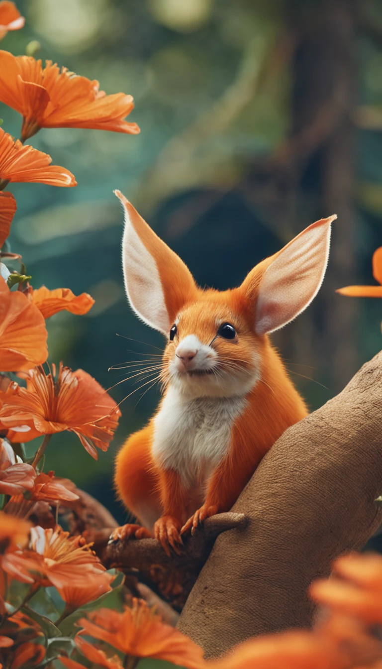 Tema Natureza, uma raposa feminina com uma camiseta laranja e uma saia laranja, e com orelhas de raposa fofas