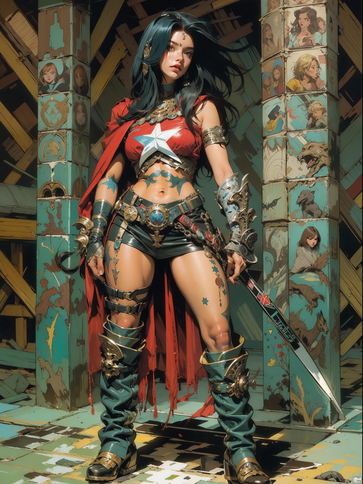 (((mulher))), ((( Estilo Simon Bisley ))), (((melhor qualidade))), (((obra prima))), (((adulto))), (((1girl))), ((( corte de cabelo bob ))), Uma gladiadora mulher de 25 anos com corpo perfeito, Graphic novel layer, (( corte de cabelo bob )), tiny leather panties, coxas nuas, quase nua no estilo selvagem urbano de Simon Bisley para a capa da revista Heavy Metal, Cabelo moicano curto, Minimum clothing, Metal protection on the left arm with intricate graphics, Dark red with white stars and checkerboard pattern dark blue and white, armadura, cheio de pregos, (((do joelho pra cima))), cabelos moicano colorido curto, acrylic painting