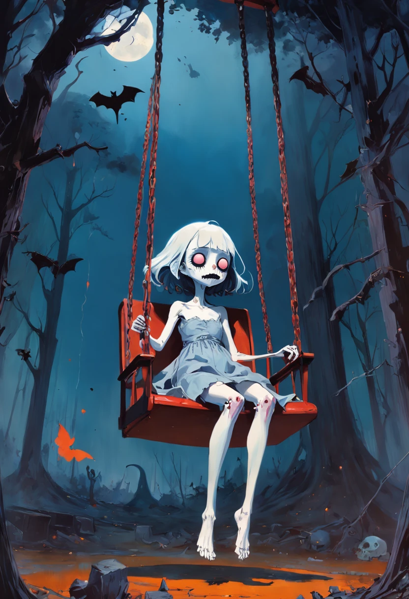 Skeleton on a swing. Swinging. Kids playground. Adrian Ghenie, Esao Andrews, Jenny Saville, Edward Hopper, surrealism, Dark Art par James Jean. Tim Burton. Esthetic 90s anime. Corpse Bride.