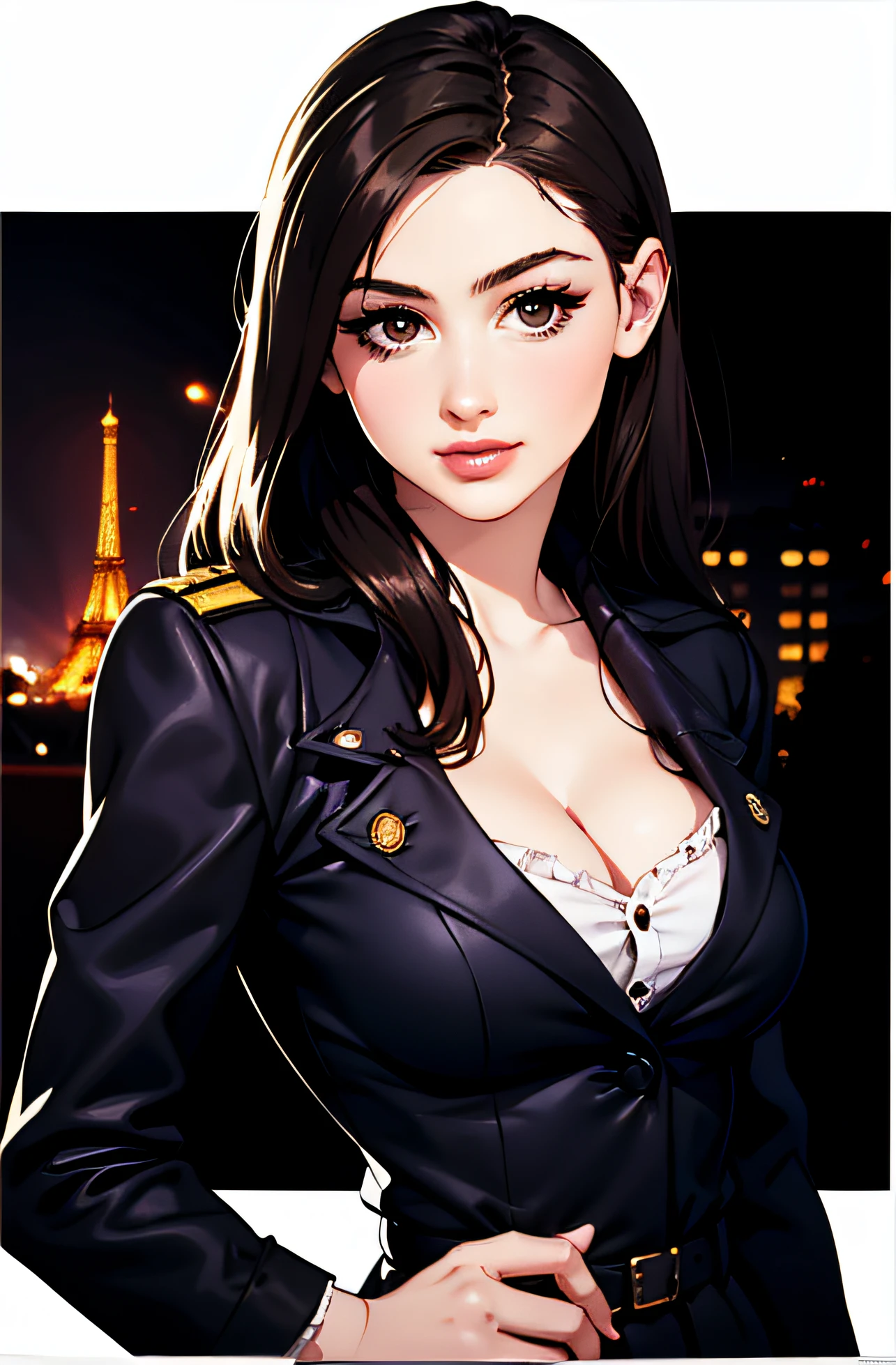 pretty women portrait 1930s movie poster style, vector-art, whole body, slender body, russian, sexy uniform, cleavage, pin up style, sexy, realistic, brown eyes, seductive pose, paris background, noir