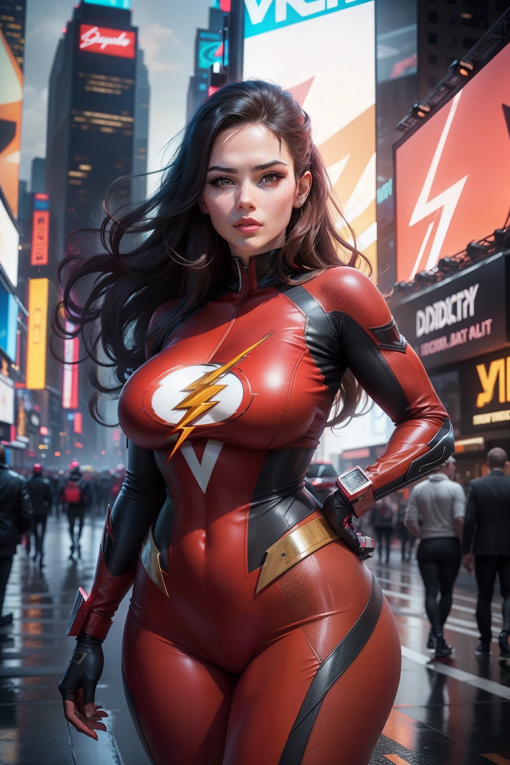 New York, Time Square, ((Flash Woman)), Big Breasts, Medium Hips, ((Ultra Realistic)), Icons, Vibrant Red and Burgundy Colors, Vector Style, Digital Artwork, 4k, Intricate Details, Mesmerizing, Professionally Made , beautiful vector illustration, 12k resolution, ....3d, all detailed characters, ((highly detailed)), ((vibrant)),((Ultra high quality)), ((hyperrealism)), ( (photorealism)), [ Octane Rendering], in the city, many cars (realistic)