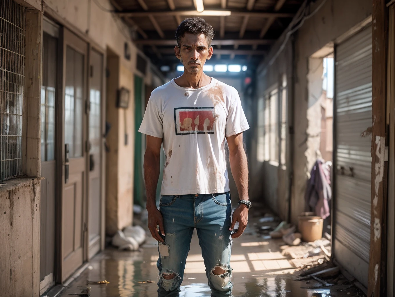 Realistic photo, skinny man, very realistic face, details, full body, poor, skinny, slum, full body, standing, looking at the camera, grimy white shirt, torn, in the mud, in the sewer, well-defined image, dirty shirt clay, slum, outskirts, refugee camp, wooden house, canvas house, construction rest house, hunger, unemployed, --auto --s2