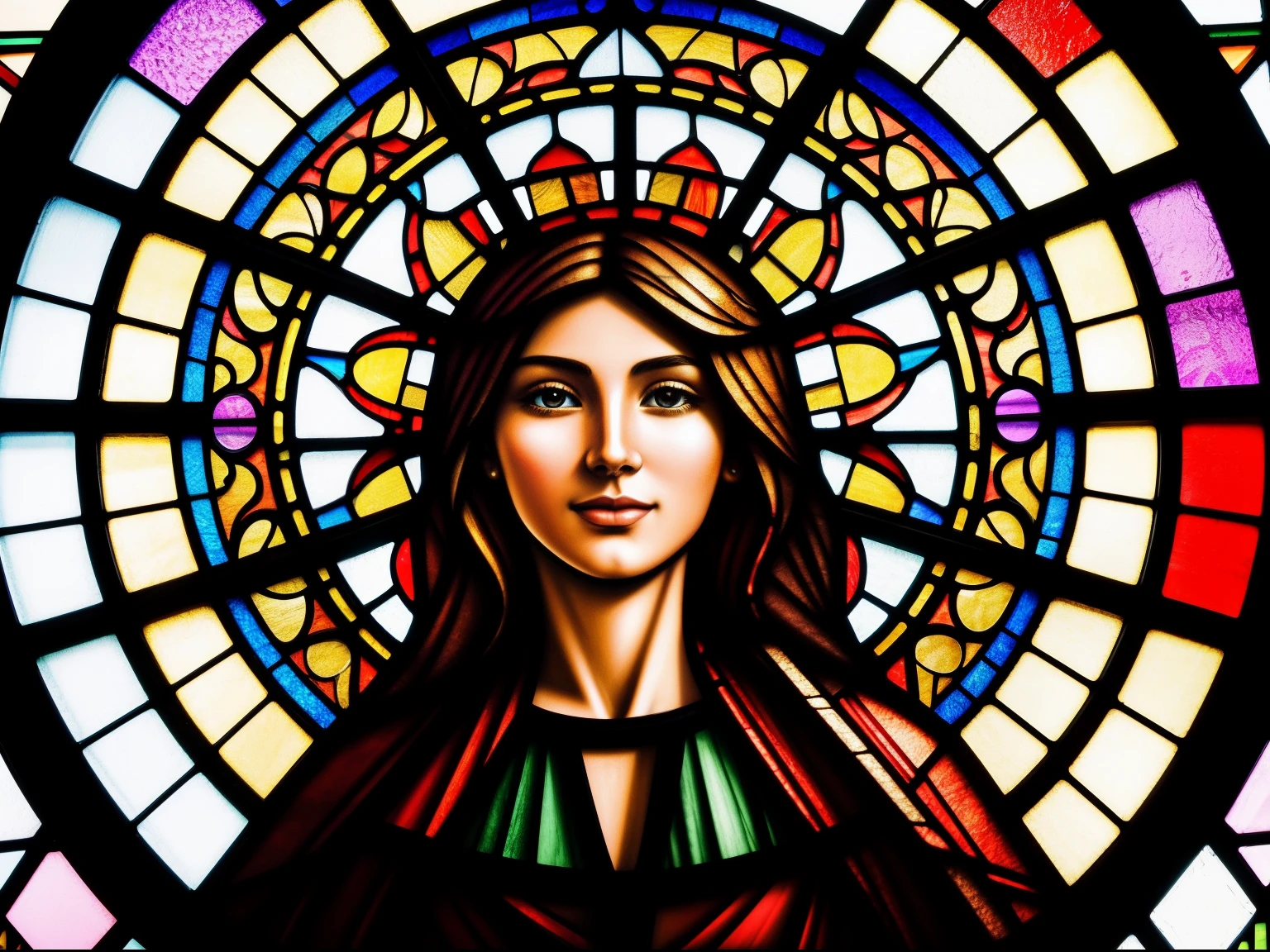 Generate an image of a stained glass window featuring a 23-year-old woman. The window should be rich in vibrant colors and intricate details. The woman should be portrayed as the central figure, with an aura of youthful vitality and grace. Surround her with elements that represent her personality or interests, and ensure the overall design reflects the timeless beauty and complexity of her character