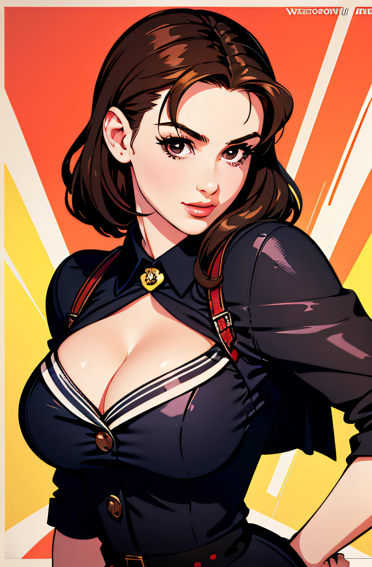 pretty women portrait 1950s movie poster style, vector-art, whole body, russian, sexy uniform, cleavage, pin up style, sexy, realistic, brown eyes, seductive pose,