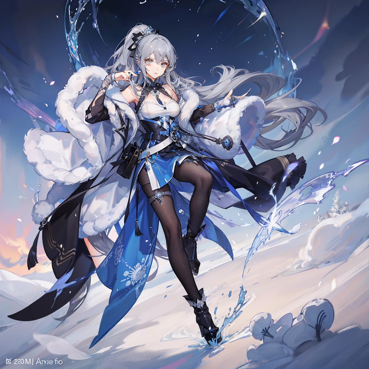 Girl, gray wavy hair with blue strands, gathered in a high ponytail, gray eyes, royal attire, fur jewelry, calm look, high boots
