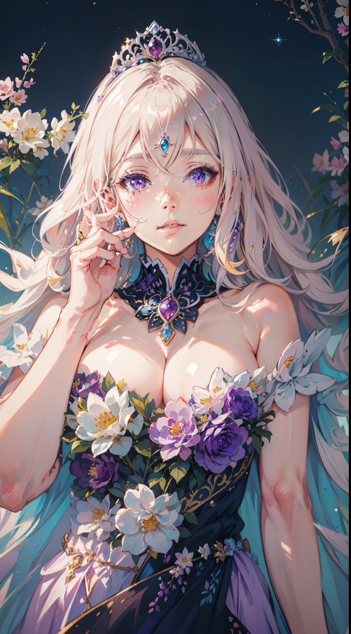 One beautiful anime girl,delicate curly and very-long blonde hair,white haired deity, sparkling purple eyes,jewel eye,wearing dark violet princess dress and Tiara, wearing delicate association and jewels,detailed jewels , cute anime girl in cute dress,elegant and delicate,elegant anime princess,cute face,highly detailed face,ultra detailed anime artwork, 8k high quality detailed artworks, anime fantasy artwork,best quality, high resolution,((beautiful detailed face)),detailed eye,crystal eye,big eye,((surrounded by colourful flowers)),8k high quality detailed fantasy artwork,colourful artwork,fine detailed,many colourful light spot
