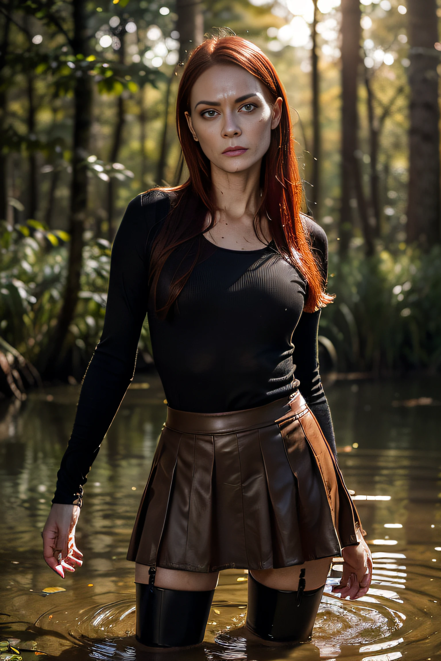 blurred background, Sunset lighting, woods. The woman, Looks into the eyes, ((Scared)), (Sexy drowning fetish in the swamp), ((in a skirt)), (stockings with garters), high boots. (Tormented by lust:1.4), (emaciated face:1.3), (dehydrated face:1.4), (swelling on the face:1.2), Copper-red hair,