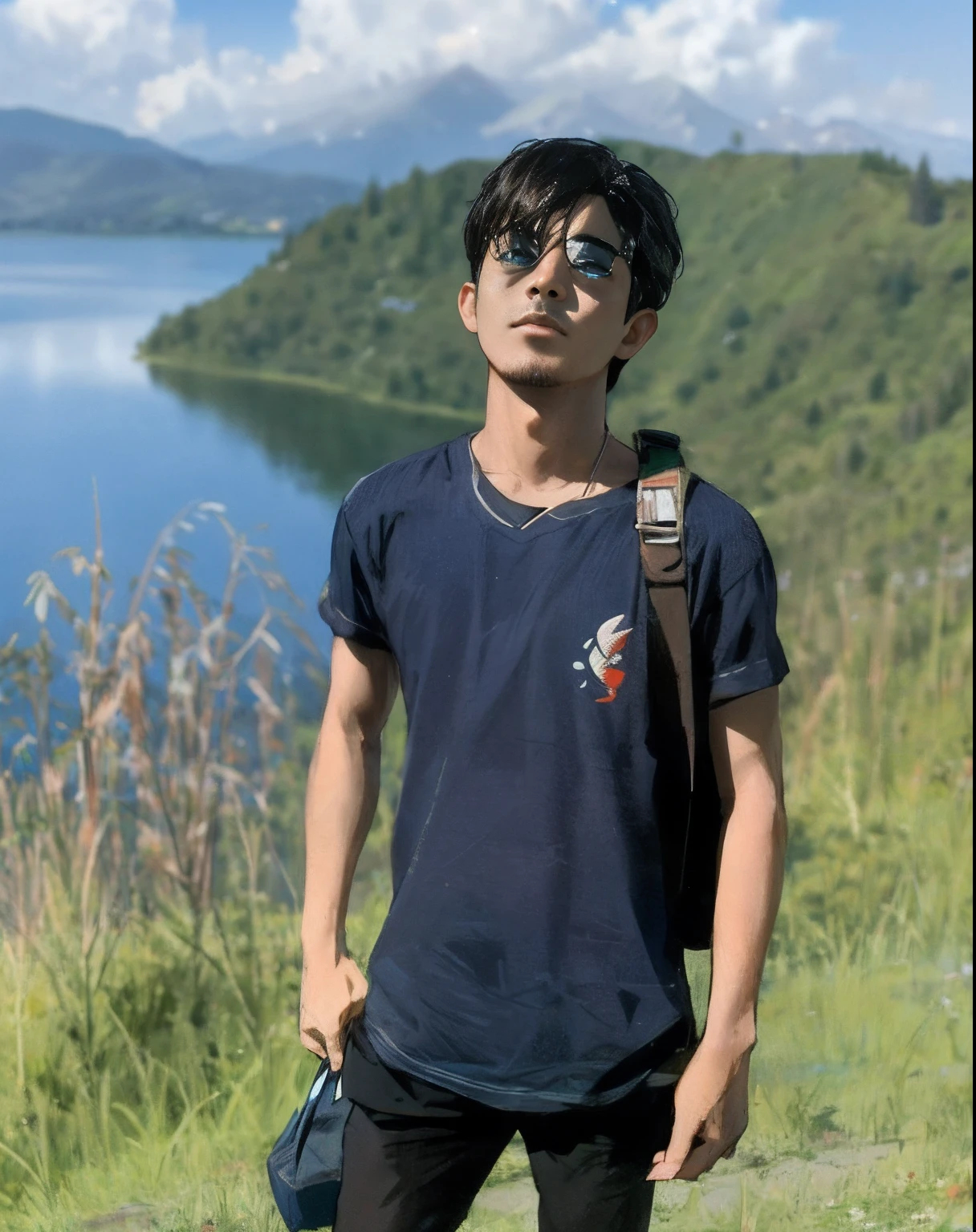 arafed man standing on a hill overlooking a lake and mountains, ramil sunga, lake in the background, with mountains in the background, near a lake, with a volcano in the background, nivanh chanthara, in lake, avatar image, ayan nag, with mountains in background, with short hair, in front of a forest background