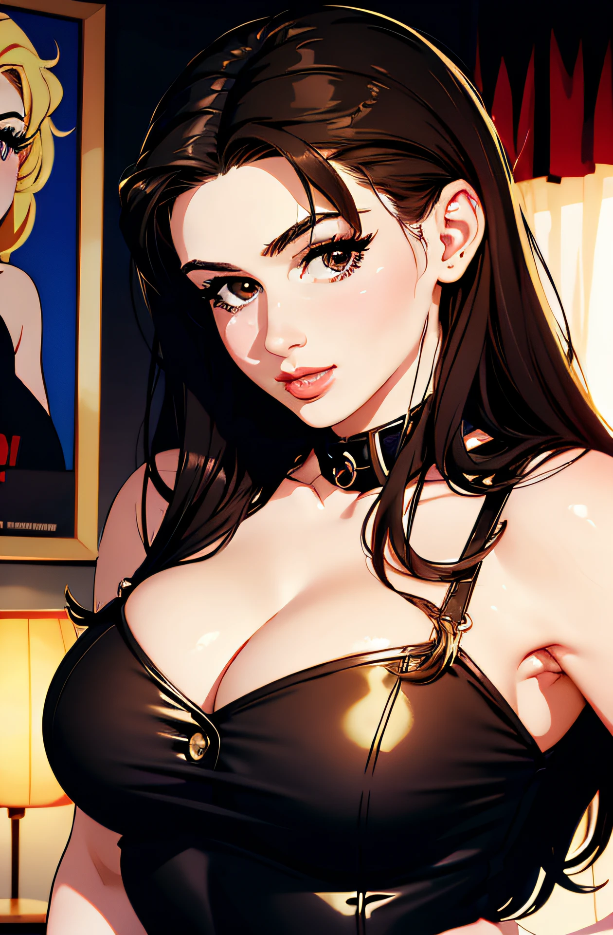 pretty women portrait 1950s movie poster style, vector-art, upper body, russian, sexy uniform, cleavage, pin up style, sexy, realistic, brown eyes, seductive pose,
