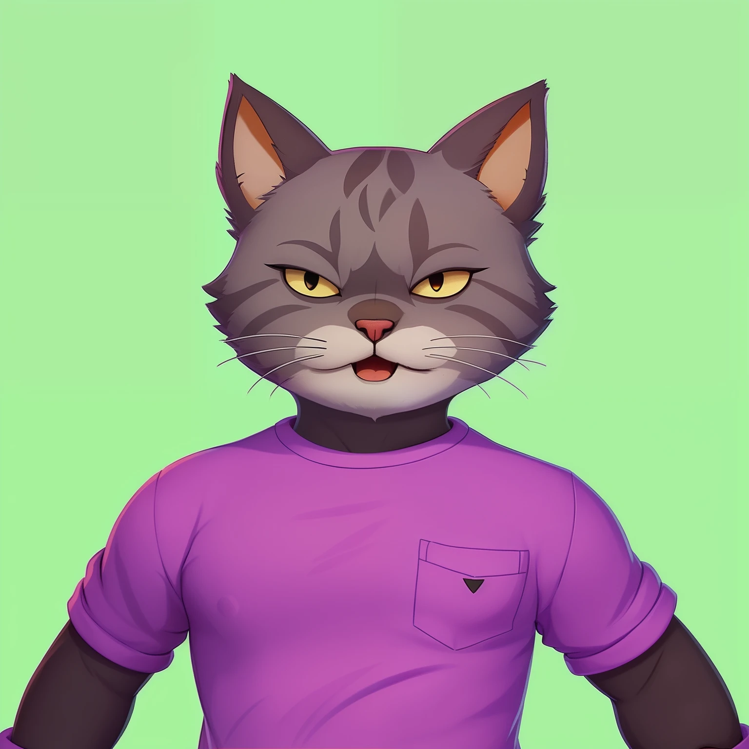There is a cat with a purple shirt and a green background, Retrato de personagem peludo, anthropomorphic cat, sem linha, anthropomorphic female cat, generic furry style, illustration of a cat, Gato. pintura digital, "Retrato de um animal de desenho animado, Personagem altamente detalhado, peludo do gato, um gato antro, personagem peludo, anthropomorphic cat ninja