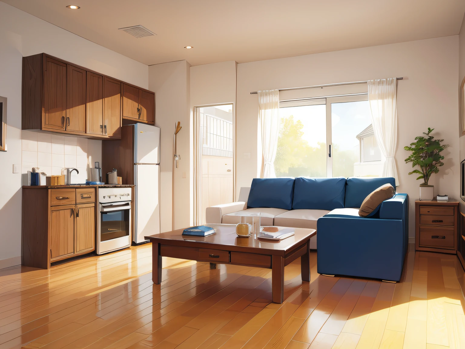 Studio with Kitchen, bed, Little sofa. The finish must be of some kind of wood., Blue & Beige