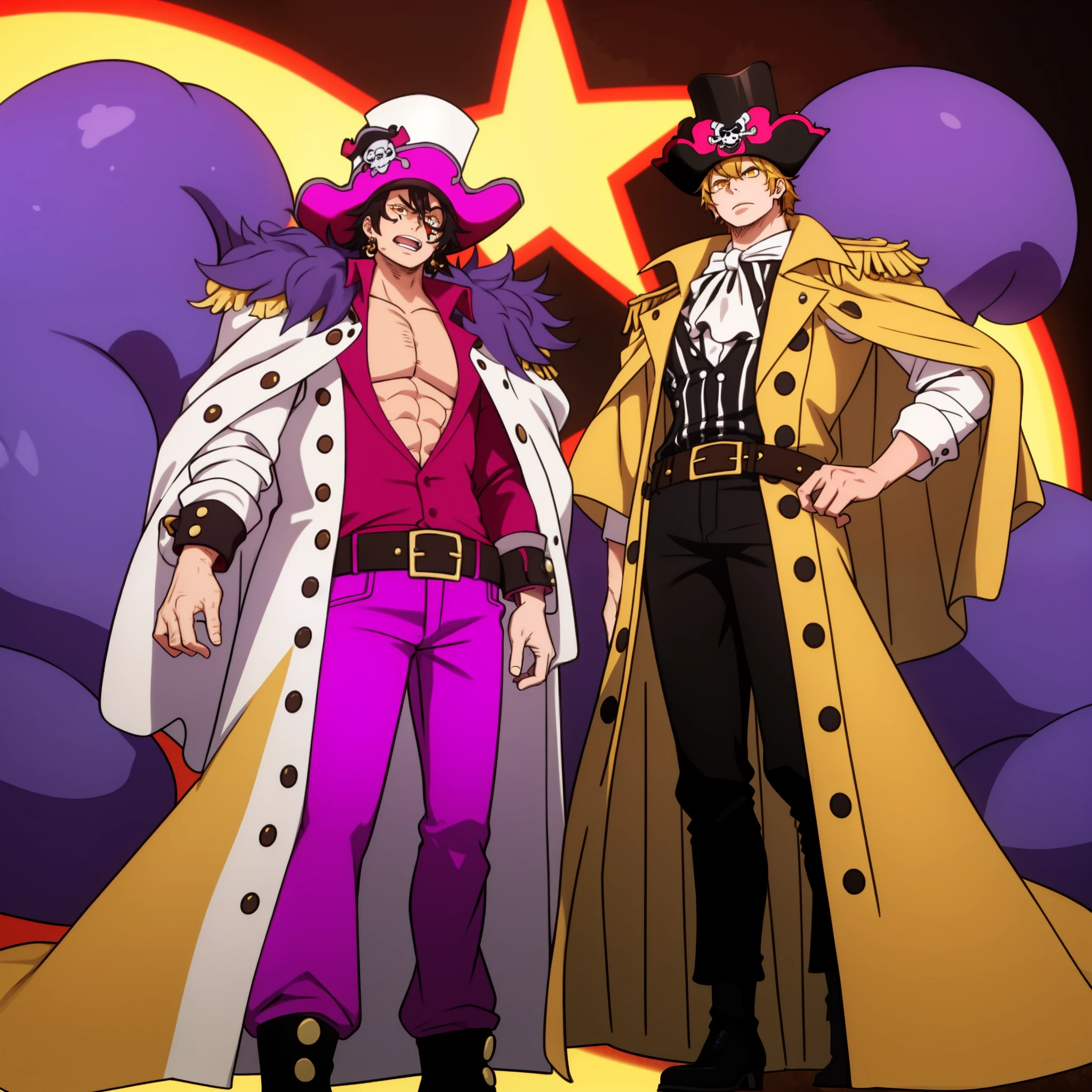 ((1boy)), wanostyle, thin, lanky, tall, thin body, skinny body, skinny boy, Here is a revised prompt focusing more on the character's unique and cool outfit:
Draw an eccentric teenage pirate with a flair for extravagant fashion, despite his scrawny physique.
He stands out from the crowd wearing a bright purple trenchcoat, several sizes too large, that billows dramatically around him. The coat is embellished with yellow feathers along the lapels and cuffs that ruffle with his every move.
Underneath, he wears a tight mesh shirt that clings to his thin frame, showing off his lack of muscles. The shirt is hot pink in color and patterned with abstract swirls.
Around his waist is a thick leather belt embedded with glimmering gemstones of various colors. It holds up a pair of bright green pants so baggy at the bottom they resemble bellbottoms. At the ankle, the pant legs are tied off with yellow ribbon bows.
On his feet are platform boots, each a different height, one reaching his knee and the other to his mid-calf. The boots are different prints as well, one cheetah print and the other zebra striped.
Crowning his messy hair is an oversized top hat, wider than his shoulders, dyed a neon orange and decorated with peacock feathers all around the brim.
Due to his eccentric sense of flashy fashion, this scrawny pirate stands out as one of the most distinctive on the seas. His unique outfit oozes style and personality, despite his thin physique.