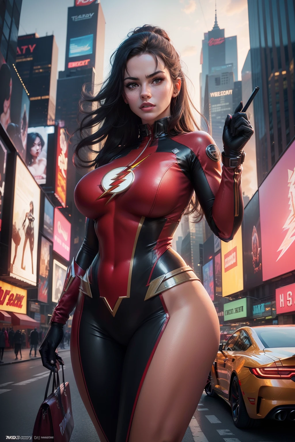 New York, Time Square, ((Flash Woman)), Big Breasts, Medium Hips, ((Ultra Realistic)), Icons, Vibrant Red and Burgundy Colors, Vector Style, Digital Artwork, 4k, Intricate Details, Mesmerizing, Professionally Made , beautiful vector illustration, 12k resolution, ....3d, all detailed characters, ((highly detailed)), ((vibrant)),((Ultra high quality)), ((hyperrealism)), ( (photorealism)), [ Octane Rendering], in the city, many cars (realistic)