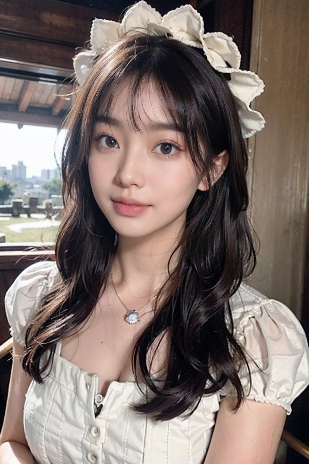 Exquisite Asian beauty, Willow eyebrows, 二重まぶた,eyes with brightness,Peach lip gloss,((Goose egg face,)) flower, long whitr hair, The ultra-realistice, Top lighting rendering,Disney-themed castle square, vases, Brown hair, Look to the lens, The background is blurred out, Moles under eyes, Blurry, dark mole, The upper part of the body, Brown eyes, flor branca, Wear a delicate and beautiful garland on your head,8K Raw photograph, (( Sweet smile)),((Brilliant light and shadow)),1girl