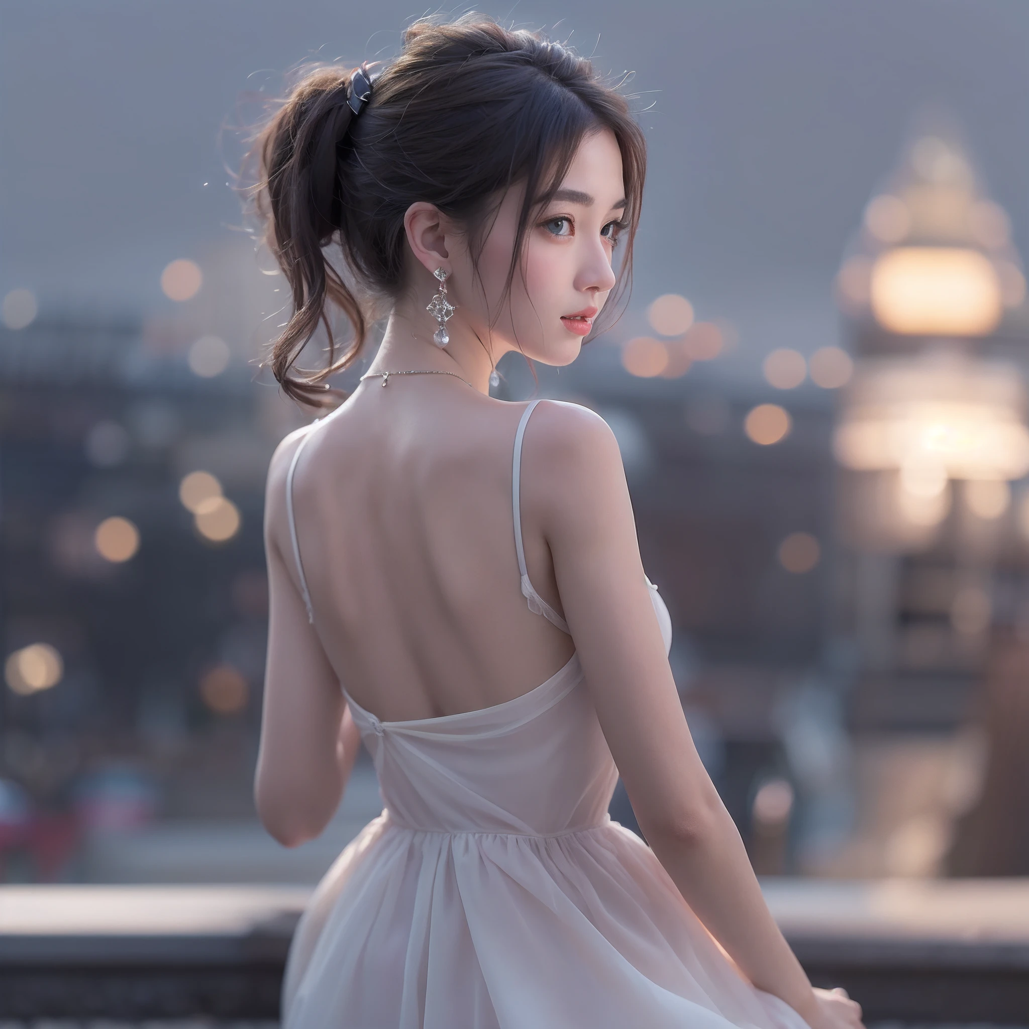random posture, (very delicate and beautiful work), (masterpiece), 1girl, a girl in a white dress, high-detailed, low back, distorted ponytail, charming expression, beautiful clear eyes, green pupils, delicate necklace, delicate earrings, fairy ears, simple blurred background, very detailed description, beautiful, charming, ultra-fine painting, delicate face , delicate figure, thin collarbone, beautiful lips, beautiful breasts, soft back view, mix4, (8k, RAW photo, best quality, masterpiece: 1.2), (realistic, photorealistic: 1.37), 1 girl, cute, cityscape, night, rain, professional lighting, photon mapping, radiosity, physics-based rendering,