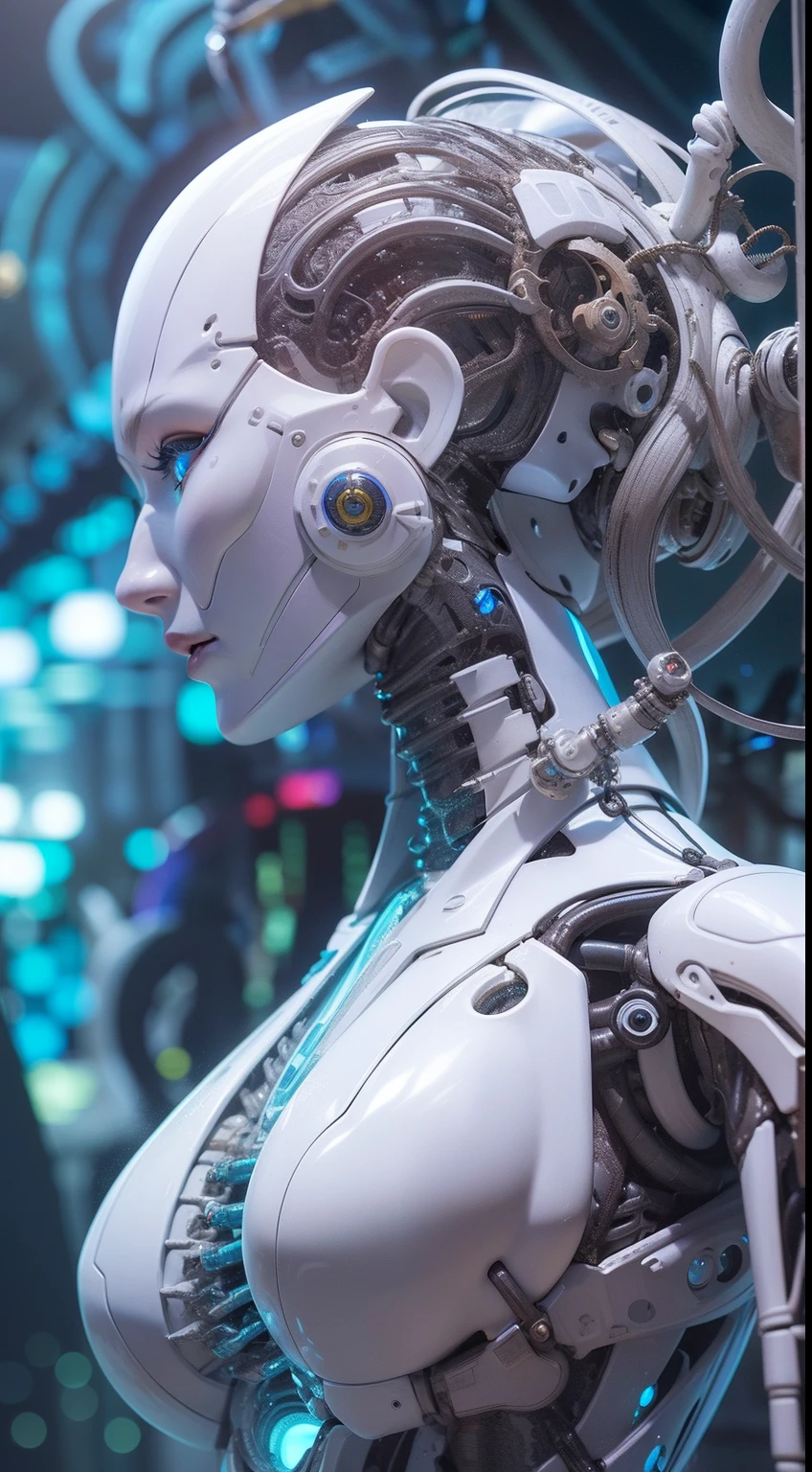 female biomechanical cyborg with ultra-detailed white plastic features, bright blue eyes, amidst the nightmarish embrace of lush nature, striking a divine pose, entirely porcelain, accurate mechanical facial features, slender body,