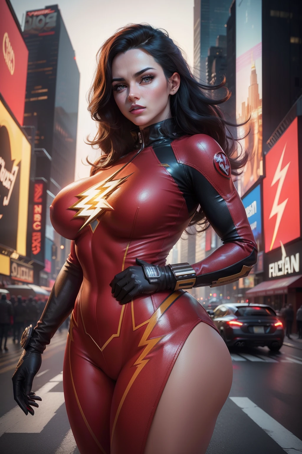 New York, Time Square, ((Flash Woman)), Big Breasts, Medium Hips, ((Ultra Realistic)), Icons, Vibrant Red and Burgundy Colors, Vector Style, Digital Artwork, 4k, Intricate Details, Mesmerizing, Professionally Made , beautiful vector illustration, 12k resolution, ....3d, all detailed characters, ((highly detailed)), ((vibrant)),((Ultra high quality)), ((hyperrealism)), ( (photorealism)), [ Octane Rendering], in the city, many cars (realistic)