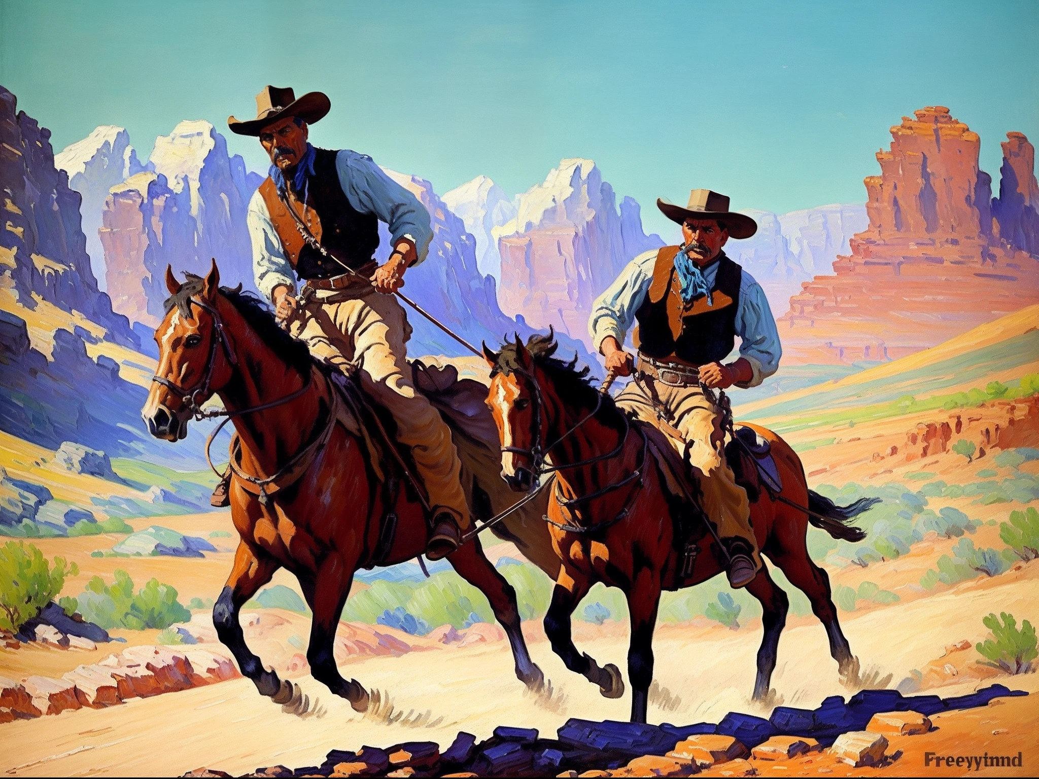 sd-pulp, Wild west, a man in rough clothes on a horse, rocky, scrubland, mountains, dramatic stance, facing viewer, ((impressionist art)), ((style of Fredric Remington)), (((oil painting))),