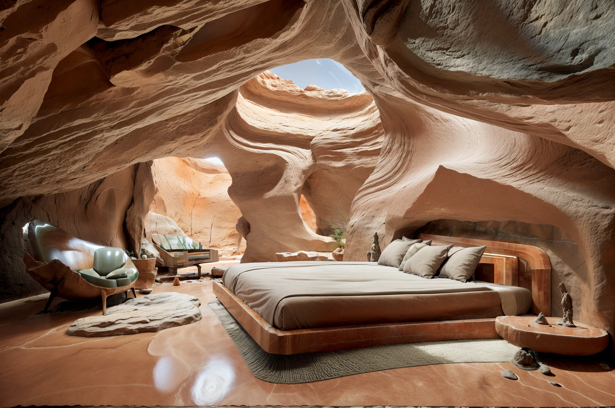 there is a bed in a room with a large rock wall, (((INDOOR:1.5))), in a futuristic desert palace, martian architecture, futuristic in the desert, red sandstone natural sculptures, in a large desert cave, inside of a bedroom, organic architecture, hillside desert pavilion, humans sleeping in healing pods, surreal sci fi set design, futuristic room, maximalist sculpted design, with surreal architecture, green tone