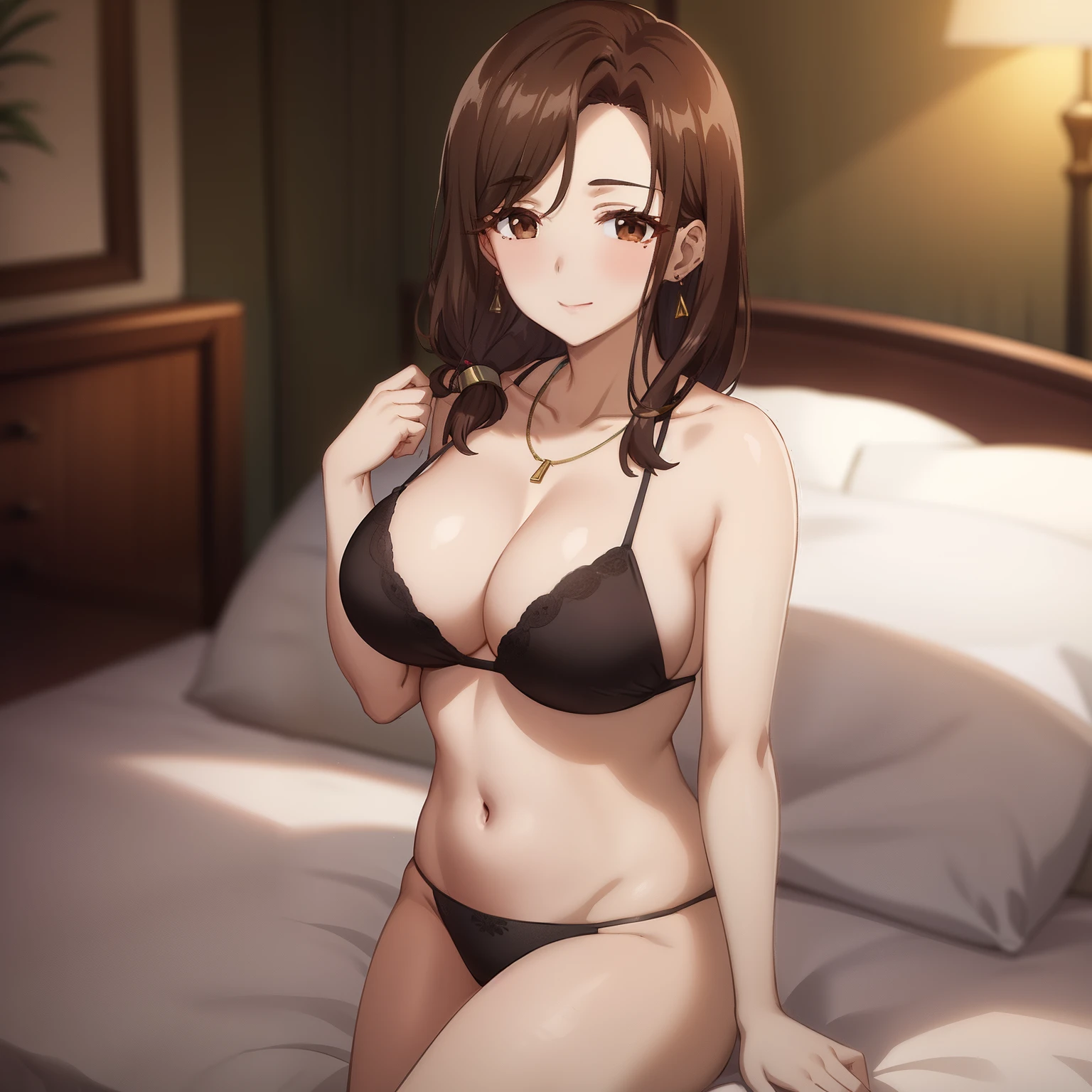 best quality, (masterpiece:1.2), highly detailed, bedroom , sitting on bed
1girl, solo, gotou airi, one mole under eye,
looking at the viewer, large breasts, slight smile, closed mouth, mature female, (standing:1.2),
brown eyes, brown hair, long hair, necklace, earrings, black bikini , collarbone, cleavage , seductive