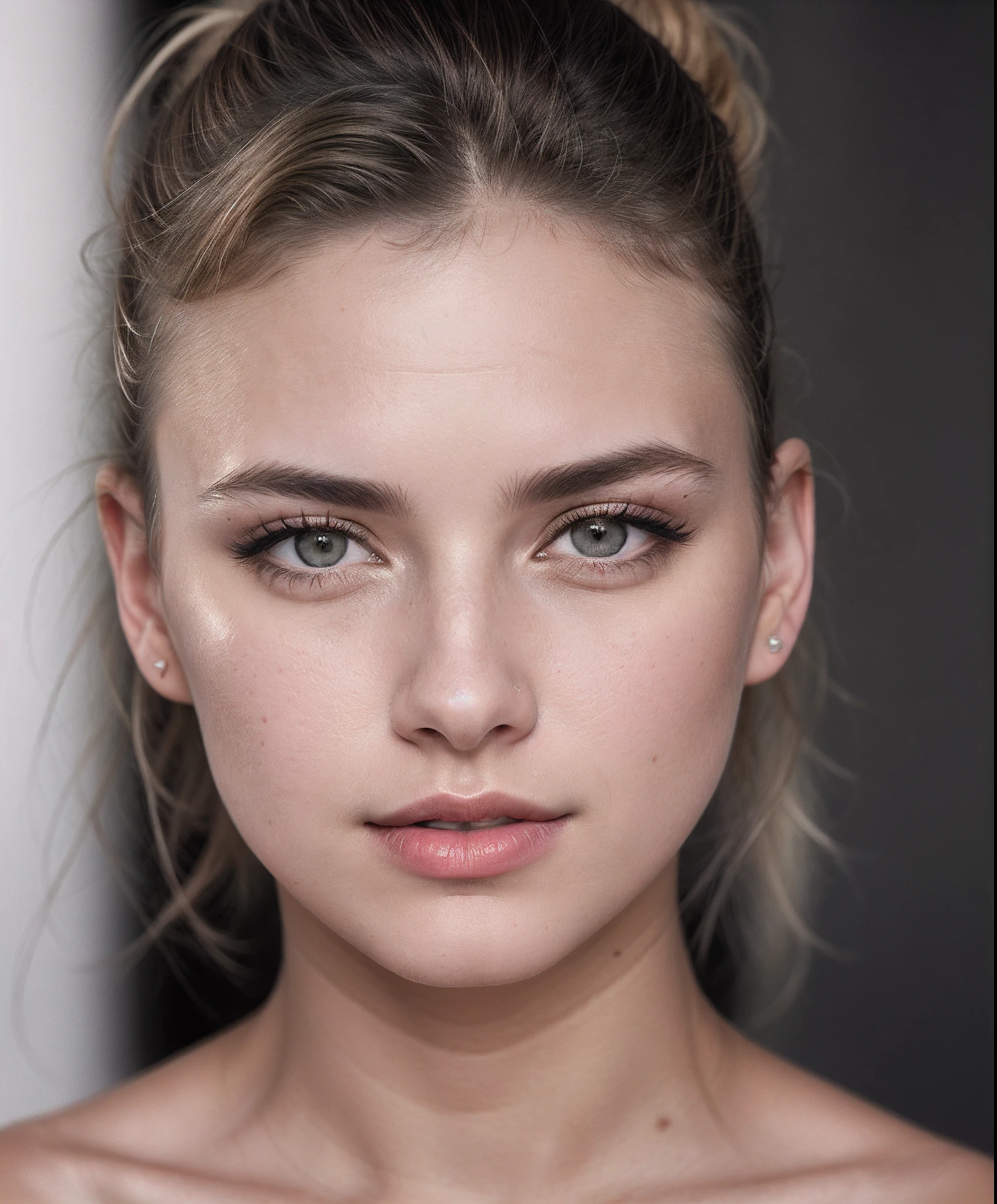 20-year-old woman, blonde, (High-top vanishing:1.3), dark theme, soothing tones,Perfect Detailed Face, Hazel eyes, beautiful eyebrows, sexy red lips, shy soft cheeks, muted colors, high contrast, (natural skin texture, hyperrealism, soft light, sharp), hdr
