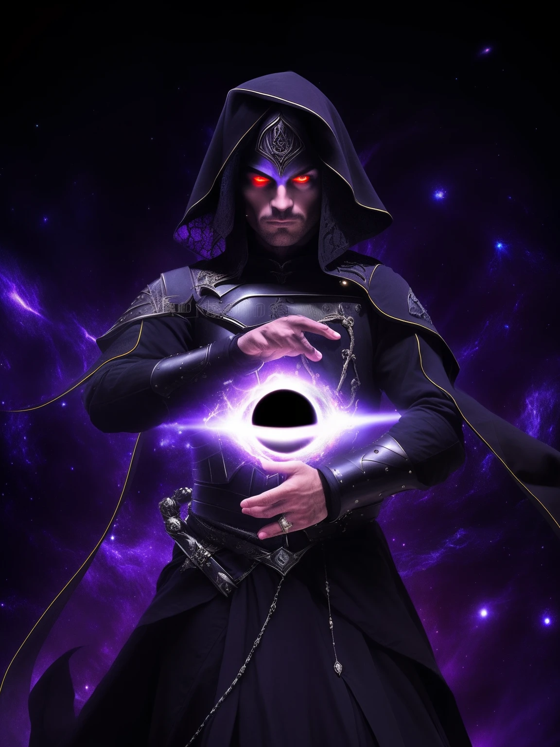 high quality image of a man in black armor holding a, black hole, emperor of the known universe, profile picture 1024px, , esoteric, wizard the Ascension, galactic deity, mystical eye, (masterpiece, best quality, high resolution, dark atmosphere, dramatic pose, dynamic camera angle, intense shadow and light, gothic style, medieval fantasy)