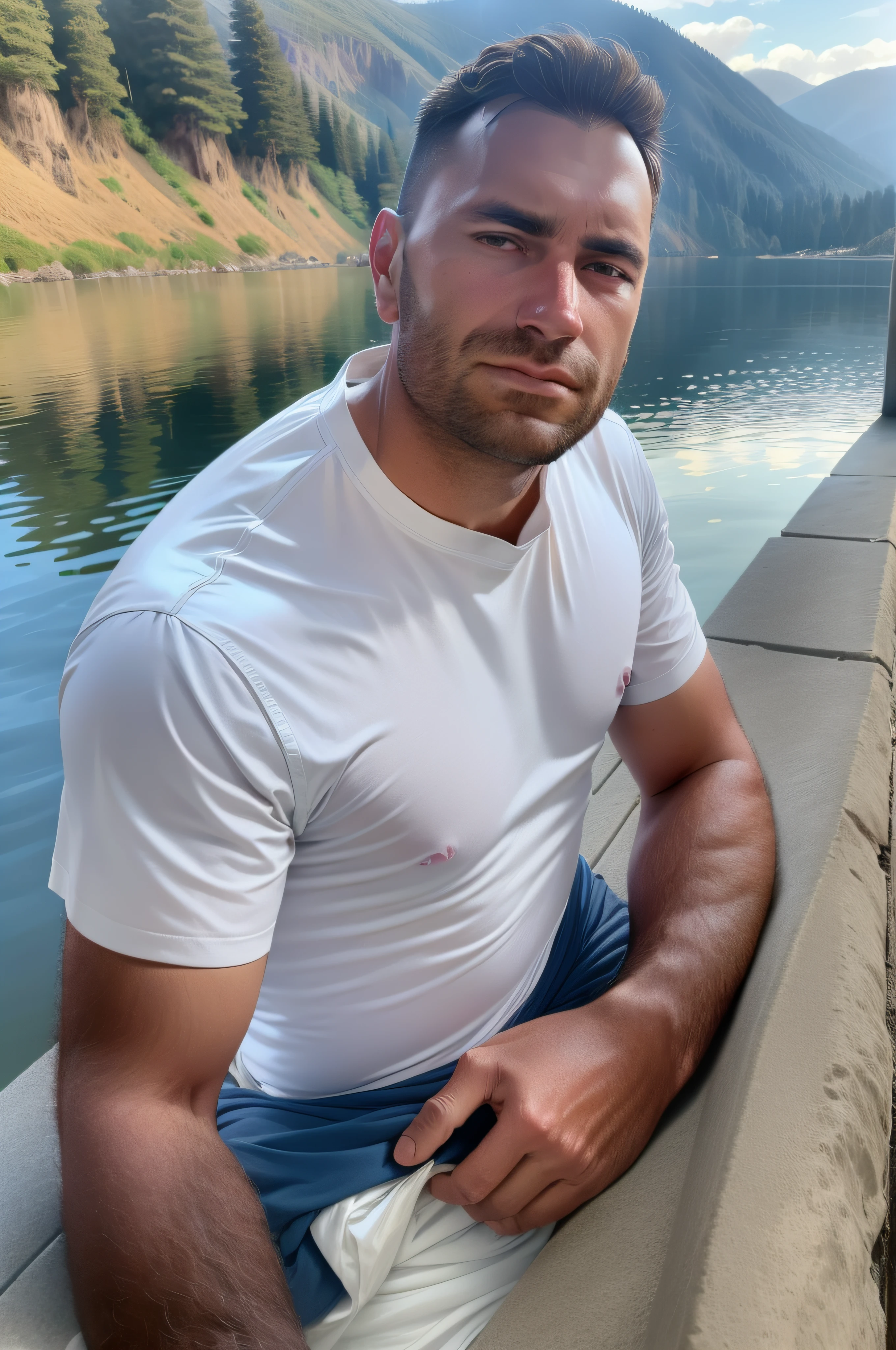 full-body view of a handsome man with an expression of tranquility, white clothes, meditating on the bank of a river, illuminated scenery in a mountain range, super realistic