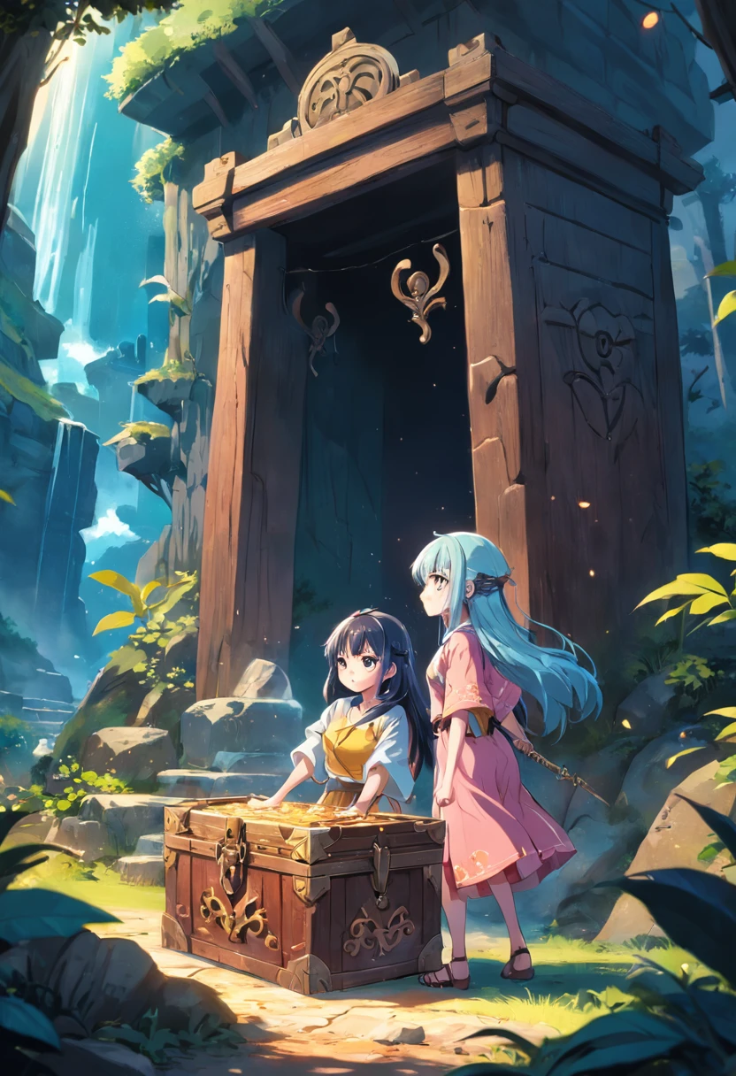 The two girls found a treasure chest, e ao abrir, A magical portal appeared in front of the girls