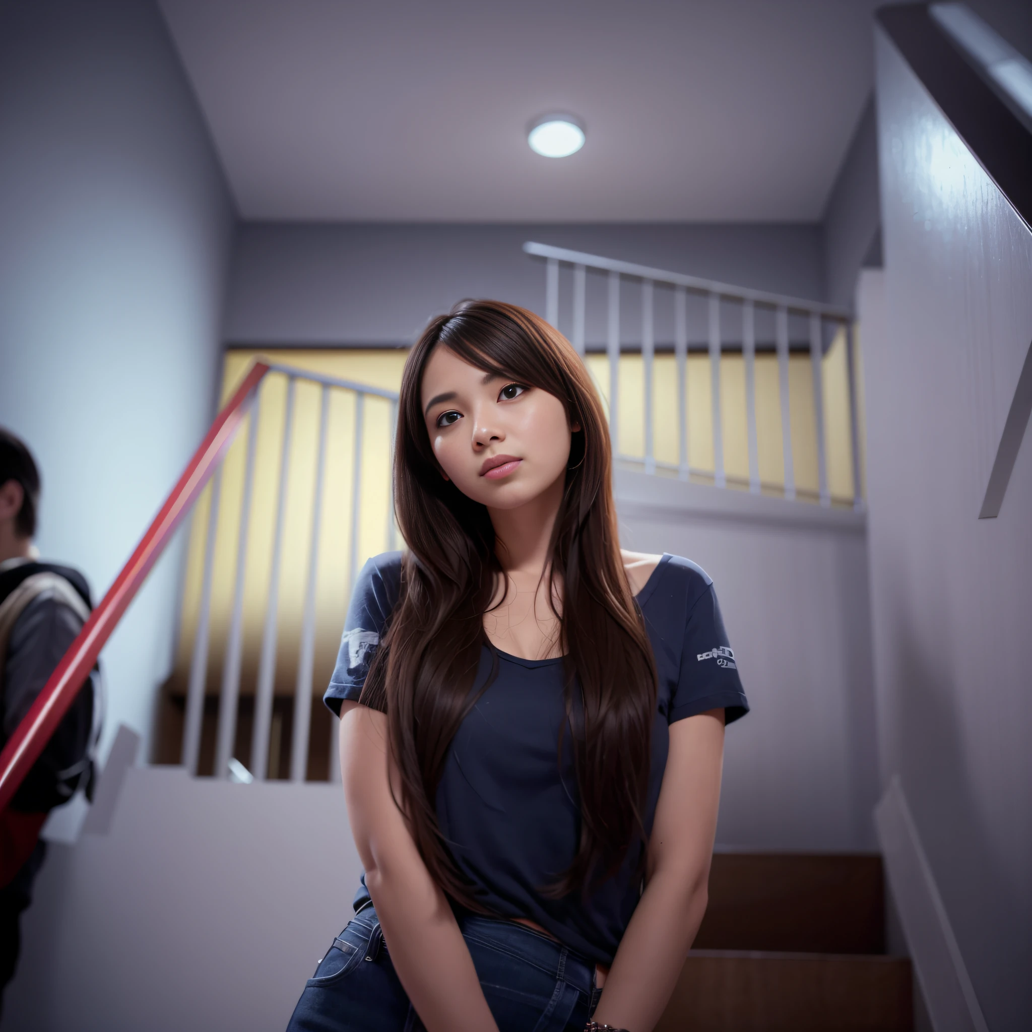 There is a woman standing in a hallway with a man in the background, realistic soft lighting, estilo de arte realista, photo-realistic low lighting, estilo de arte fotorrealista, foto retrato suave 8 k, cinematic soft lighting, renderizado em unreal 5, 8k portrait render, Soft lighting 8k, renderizado em rtx, cinematic realistic photo, imagem ultra realista