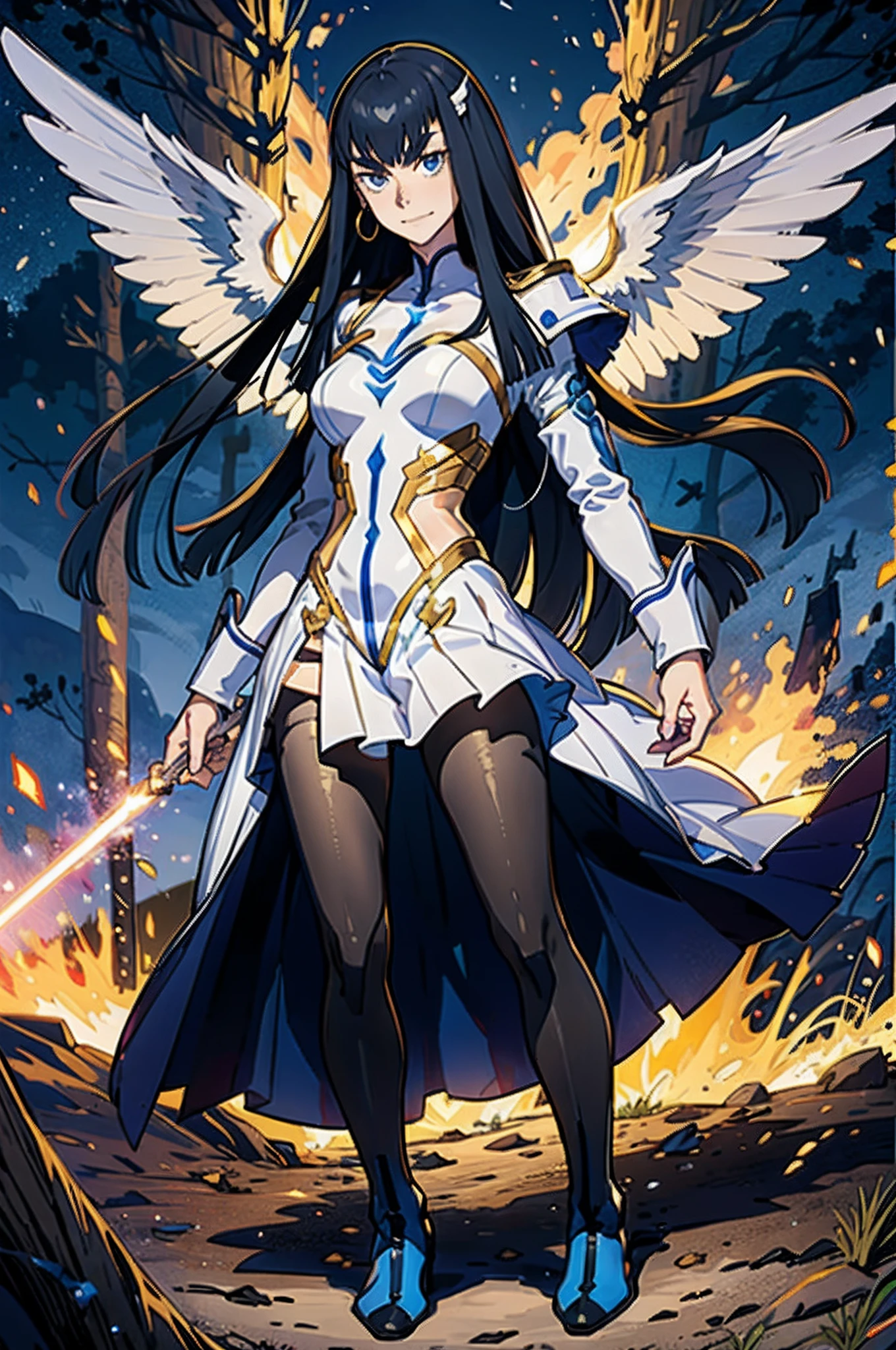 Anime, kiryuin satsuki flying through the sky with black angel wings, golden leotard armor, In Battle, Chaos, shooting laser beams from hands, masterpiece ,pantyhose, boots,magicagirl body suit, large skirt, smile, long skirt,standing,smile forest