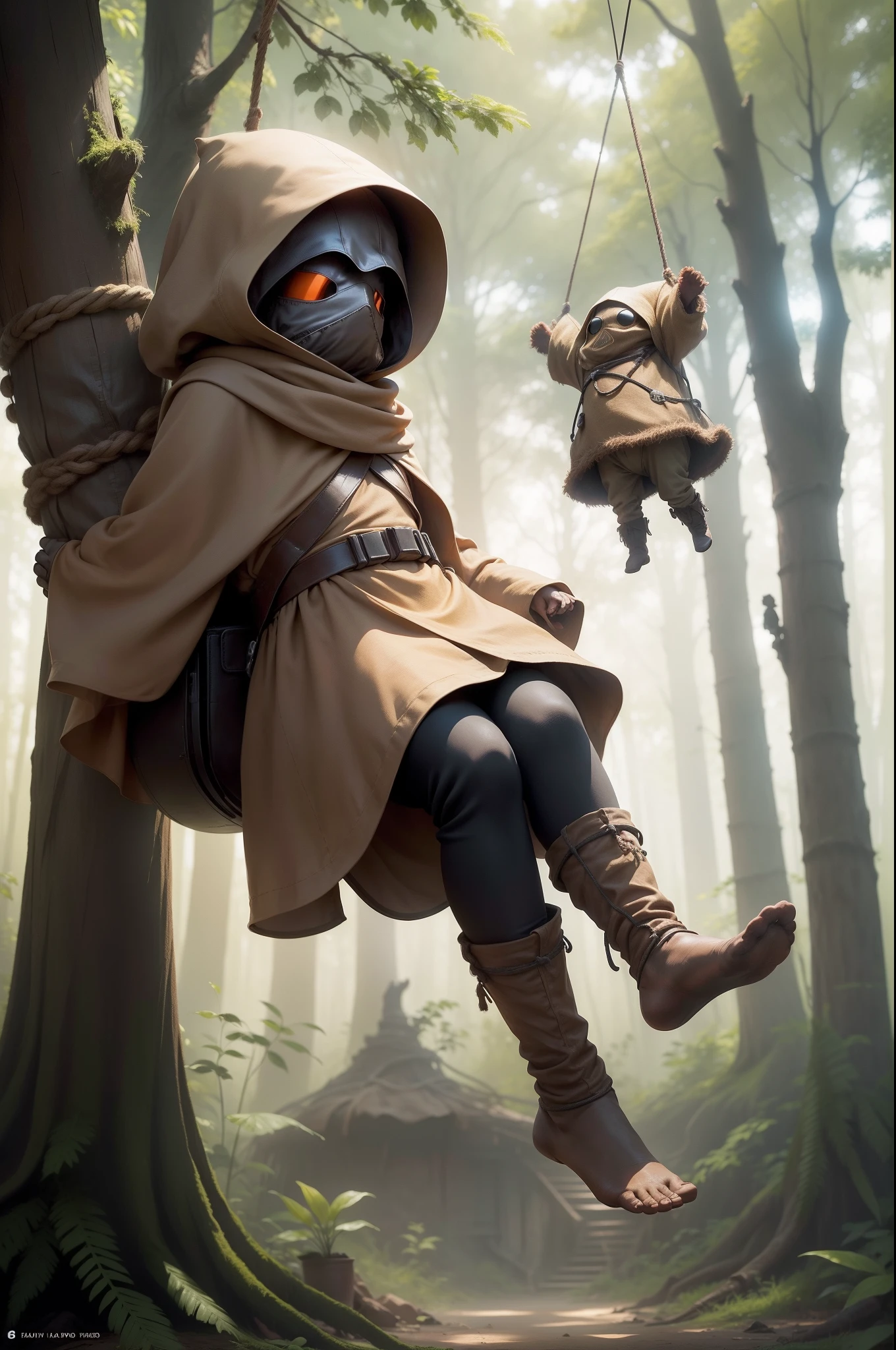 Create an image of a Jawa as seen in the movie Star Wars: Episode IV – A New Hope. The Jawa should be suspended upside down, flapping his legs and arms, from a tree in the woods. The Jawa is attached by a rope attached to one of his feet. I want the view to be from the side, at the same horizontal plane as the Jawa. It should be a wide shot with sharp focus.